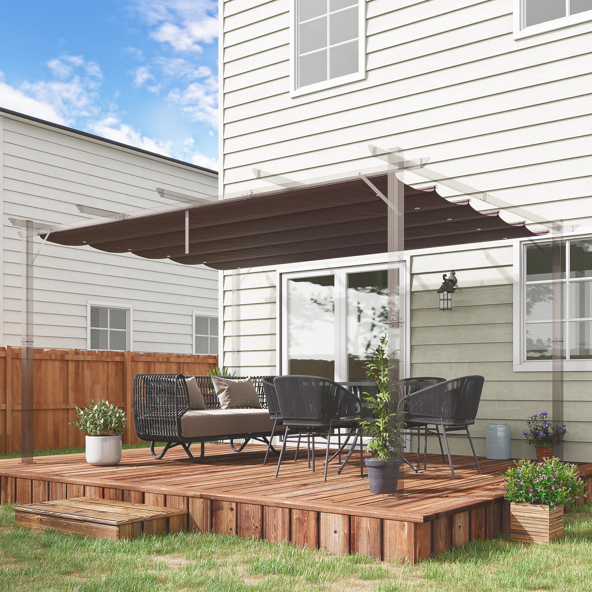 Outsunny Techo de Pérgola 3,5x2,6 m Techo de Repuesto Retráctil para Sombrilla Toldo de Tela para Cenador Jardín con 10 Orificios de Drenaje Café