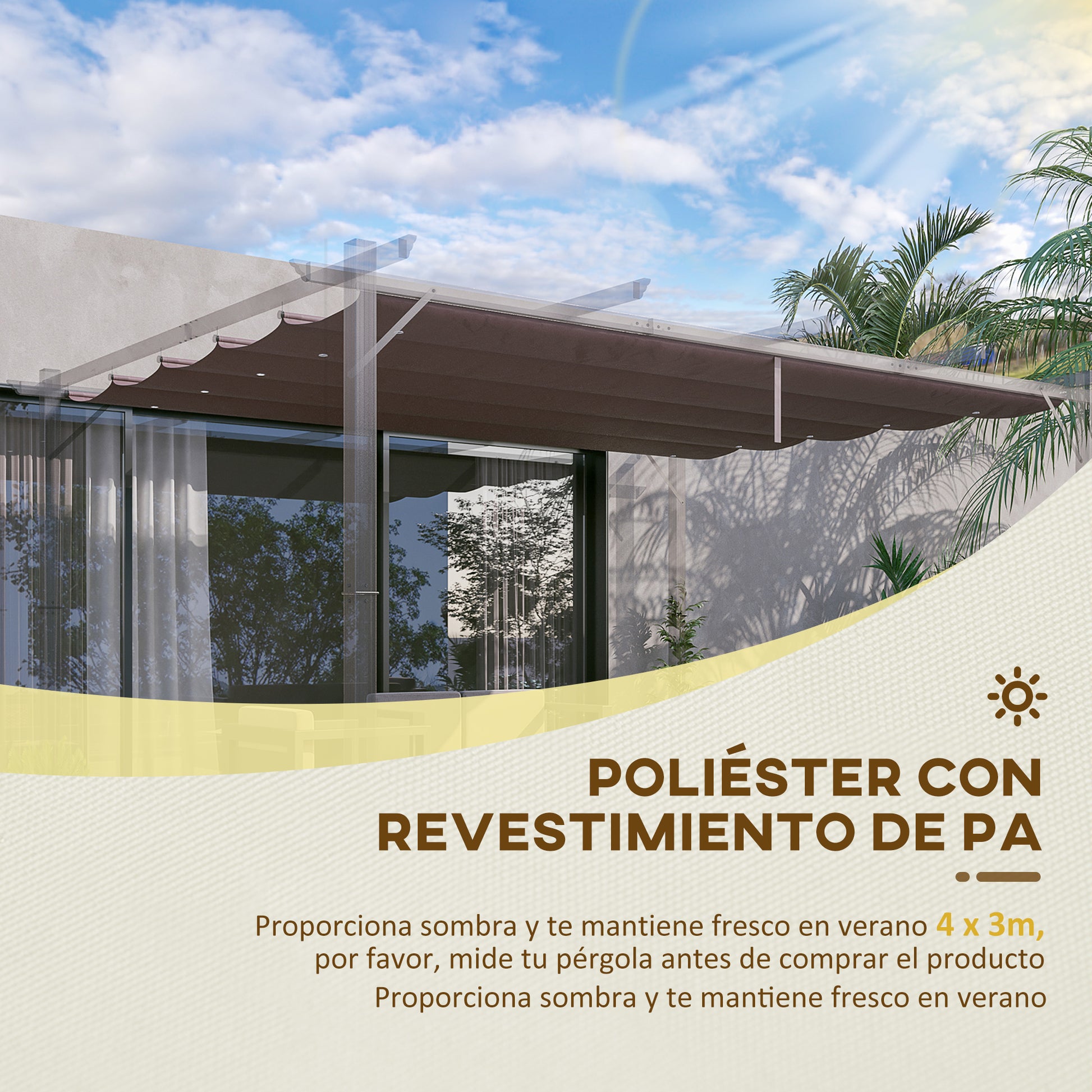 Outsunny Techo de Pérgola 3,5x2,6 m Techo de Repuesto Retráctil para Sombrilla Toldo de Tela para Cenador Jardín con 10 Orificios de Drenaje Café