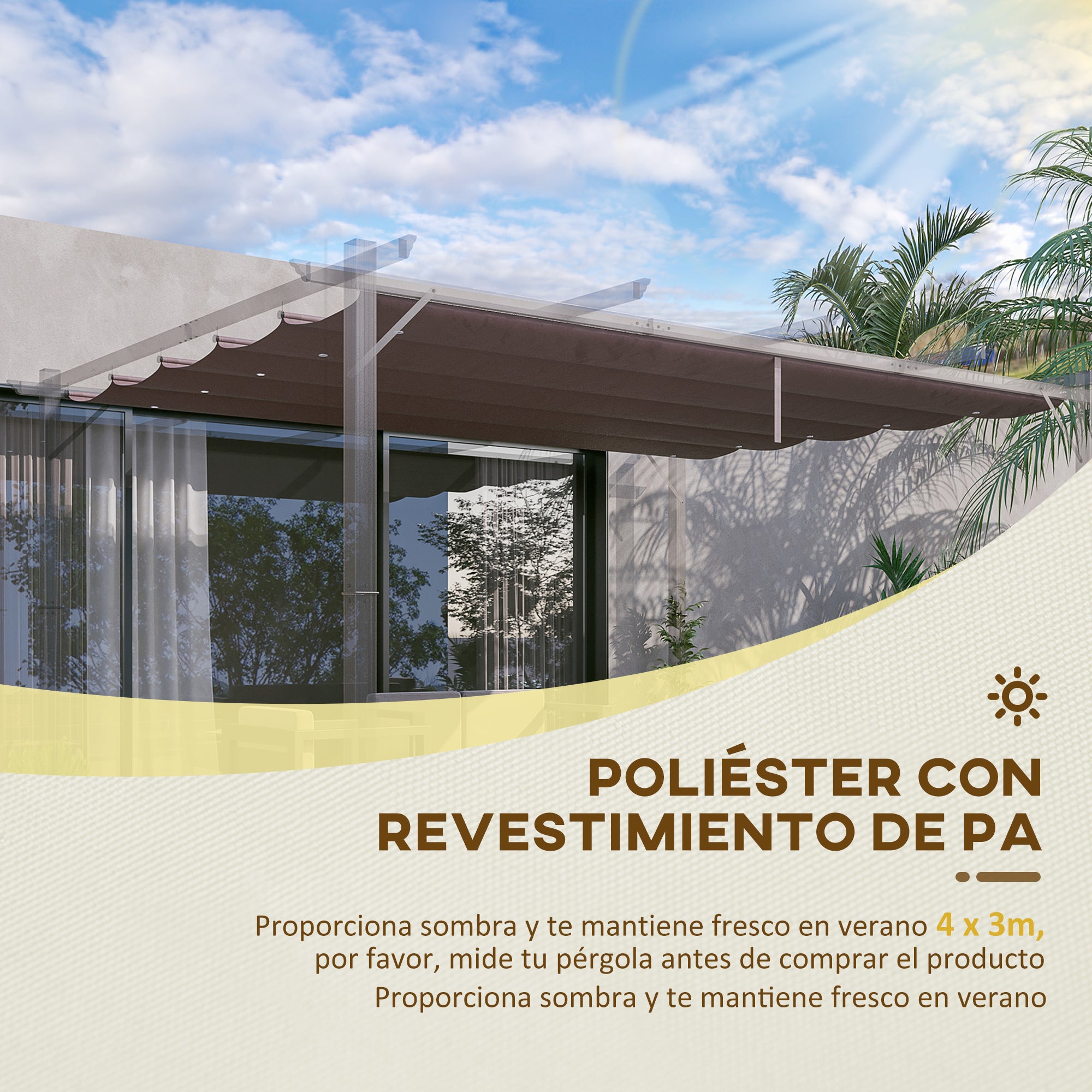 Outsunny Techo de Pérgola 3,5x2,6 m Techo de Repuesto Retráctil para Sombrilla Toldo de Tela para Cenador Jardín con 10 Orificios de Drenaje Café