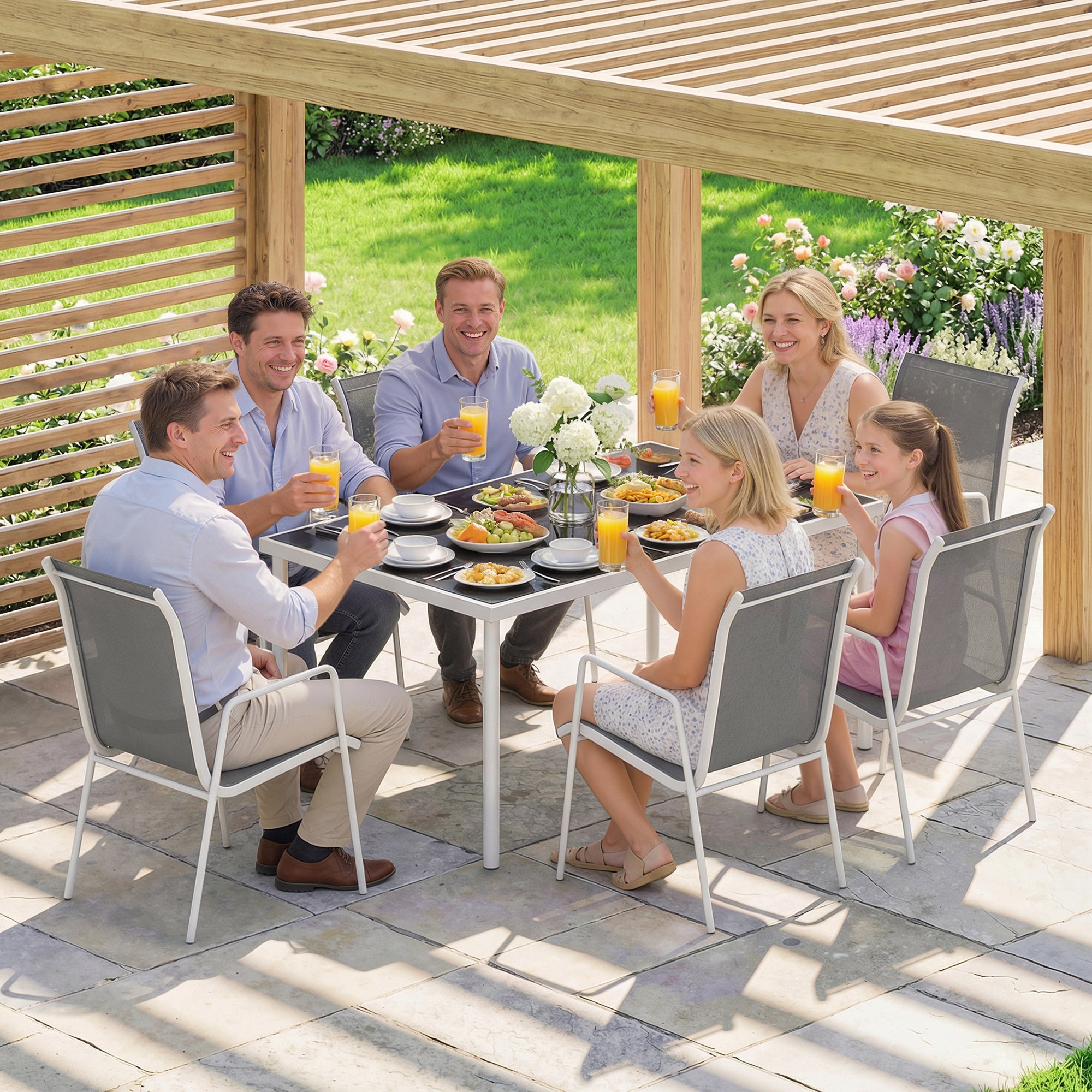 Outsunny Conjunto de Mesa y Sillas Jardín de 7 Piezas, Muebles Jardín Exterior con Mesa de Vidrio Templado, 6 Sillas Apilables Transpirables, Marco de Metal Resistente a la Intemperie, Blanco y Gris