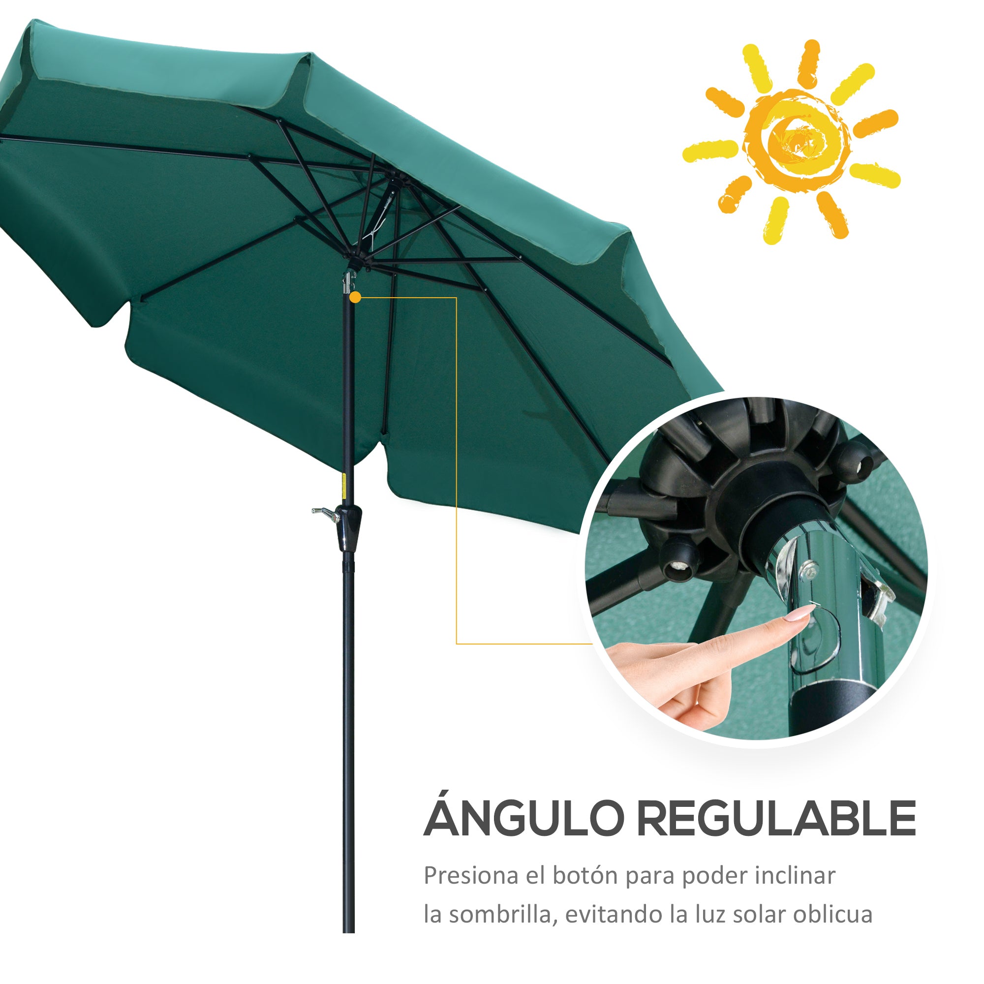 Outsunny Sombrilla Terraza Exterior Ø266 cm Sombrilla de Jardín Inclinable con Protección UV50+ Poste de Aluminio y Manivela Parasol para Patio Terraza Verde