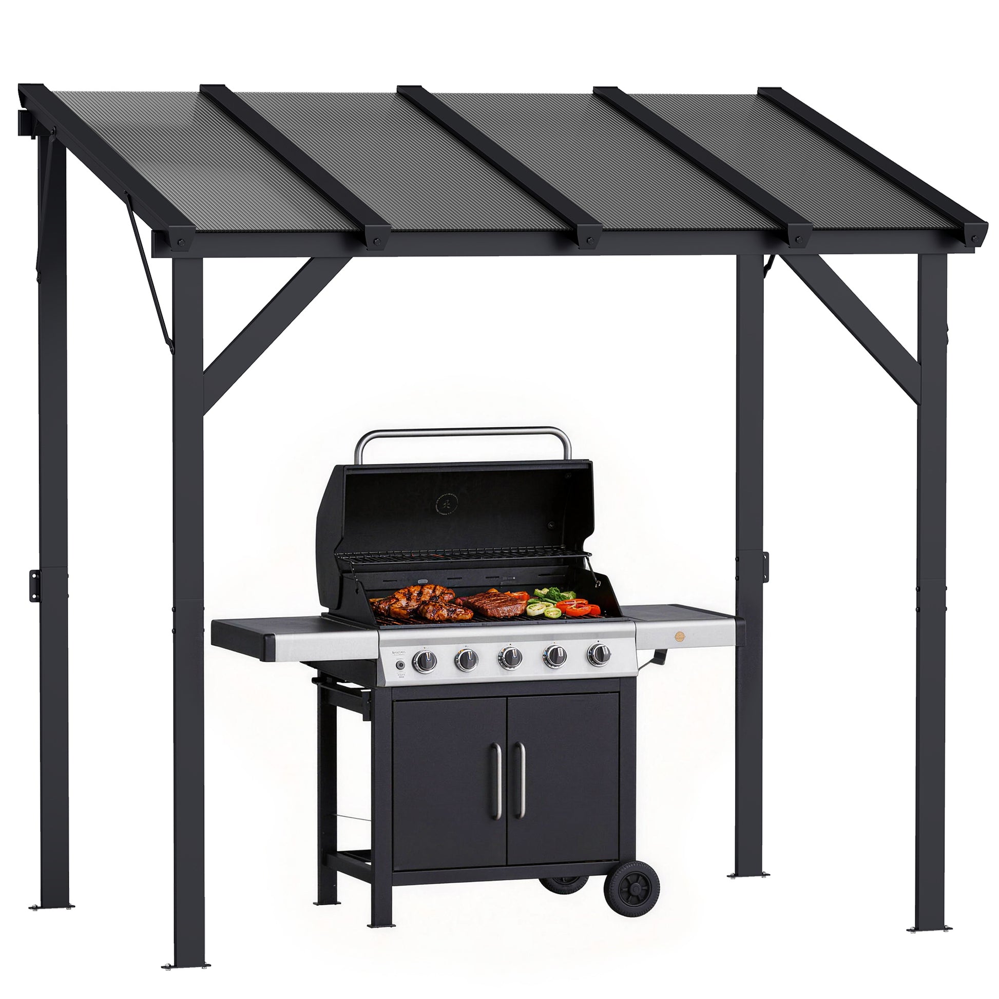 Outsunny Carpa Barbacoa 2,5x1,5 m, Gazebo para Barbacoa con Techo Inclinable de Policarbonato, UPF50+, Estructura de Metal Galvanizado y Aluminio, Diseño Adosado para Jardín Exterior, BBQ, Gris Oscuro
