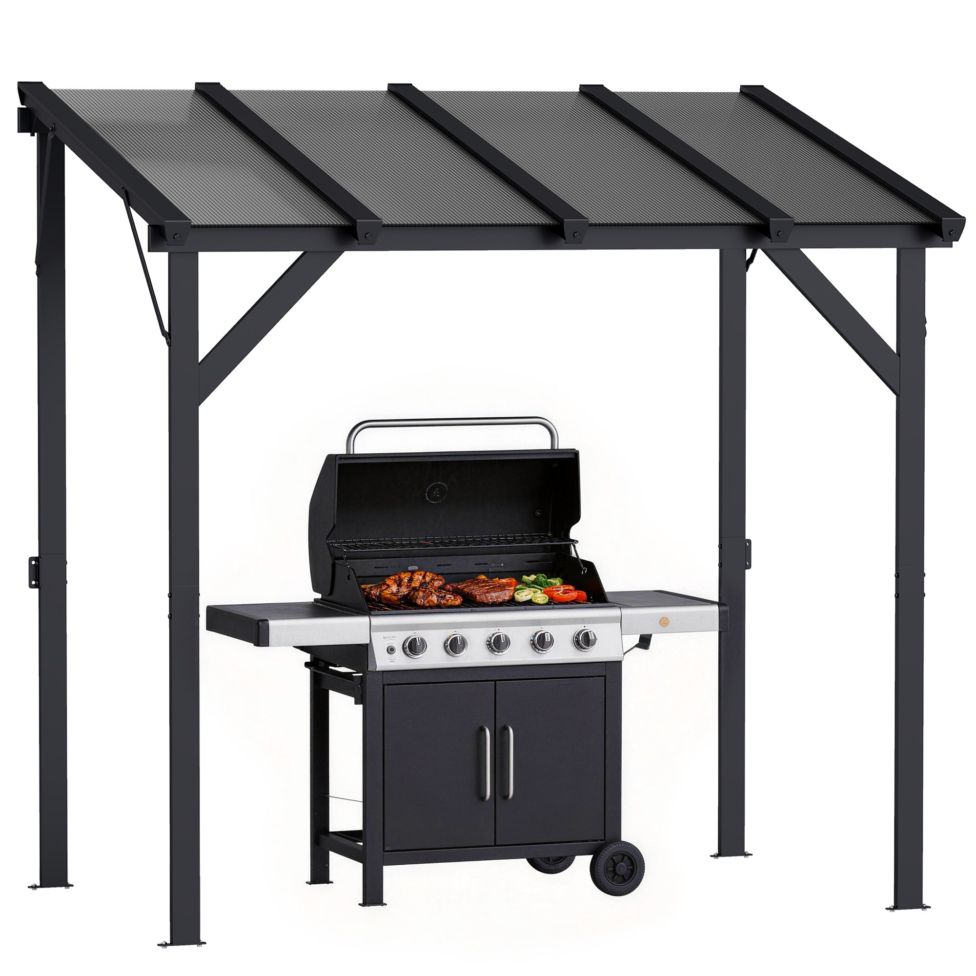 Outsunny Carpa Barbacoa 2,5x1,5 m, Gazebo para Barbacoa con Techo Inclinable de Policarbonato, UPF50+, Estructura de Metal Galvanizado y Aluminio, Diseño Adosado para Jardín Exterior, BBQ, Gris Oscuro