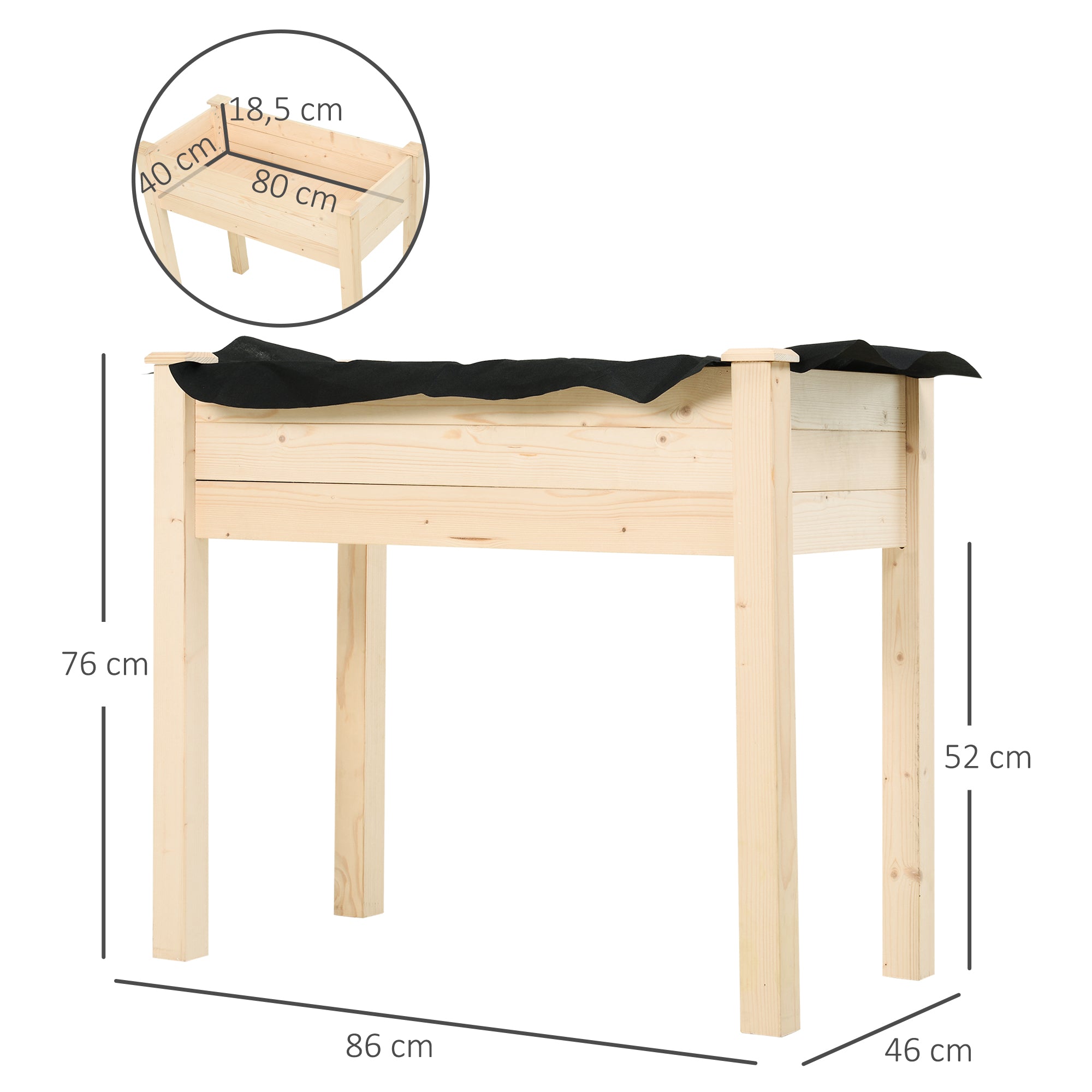 Outsunny Huerto Urbano Elevado de Madera 86x46x76 cm Mesa de Cultivo Jardinera Elevada con Tela no Tejida y 4 Orificios de Drenaje para Cultivos Plantas Flores Jardín Terraza Exterior Natural