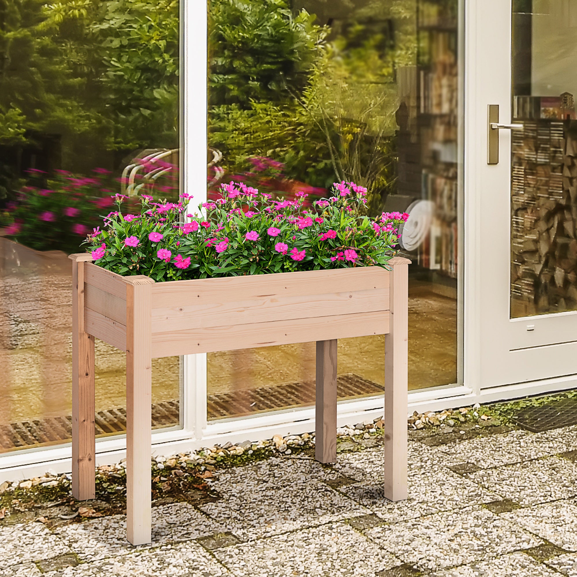 Outsunny Huerto Urbano Elevado de Madera 86x46x76 cm Mesa de Cultivo Jardinera Elevada con Tela no Tejida y 4 Orificios de Drenaje para Cultivos Plantas Flores Jardín Terraza Exterior Natural