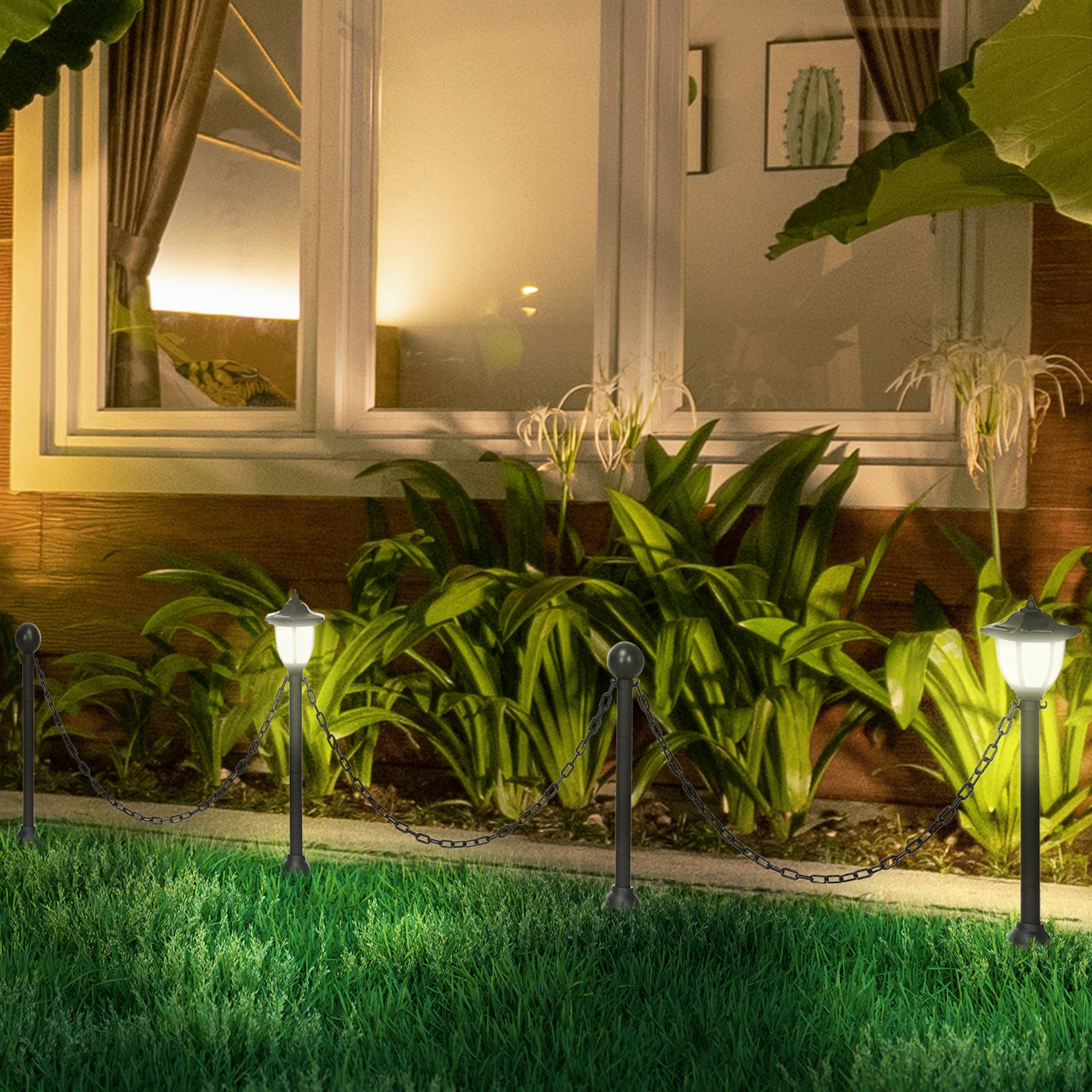 Outsunny Faroles Solares con Valla de Cadena Farolas LED con Energía Solar para Exteriores Impermeable IP65 Sensor de Noche 314x14x60 cm Negro