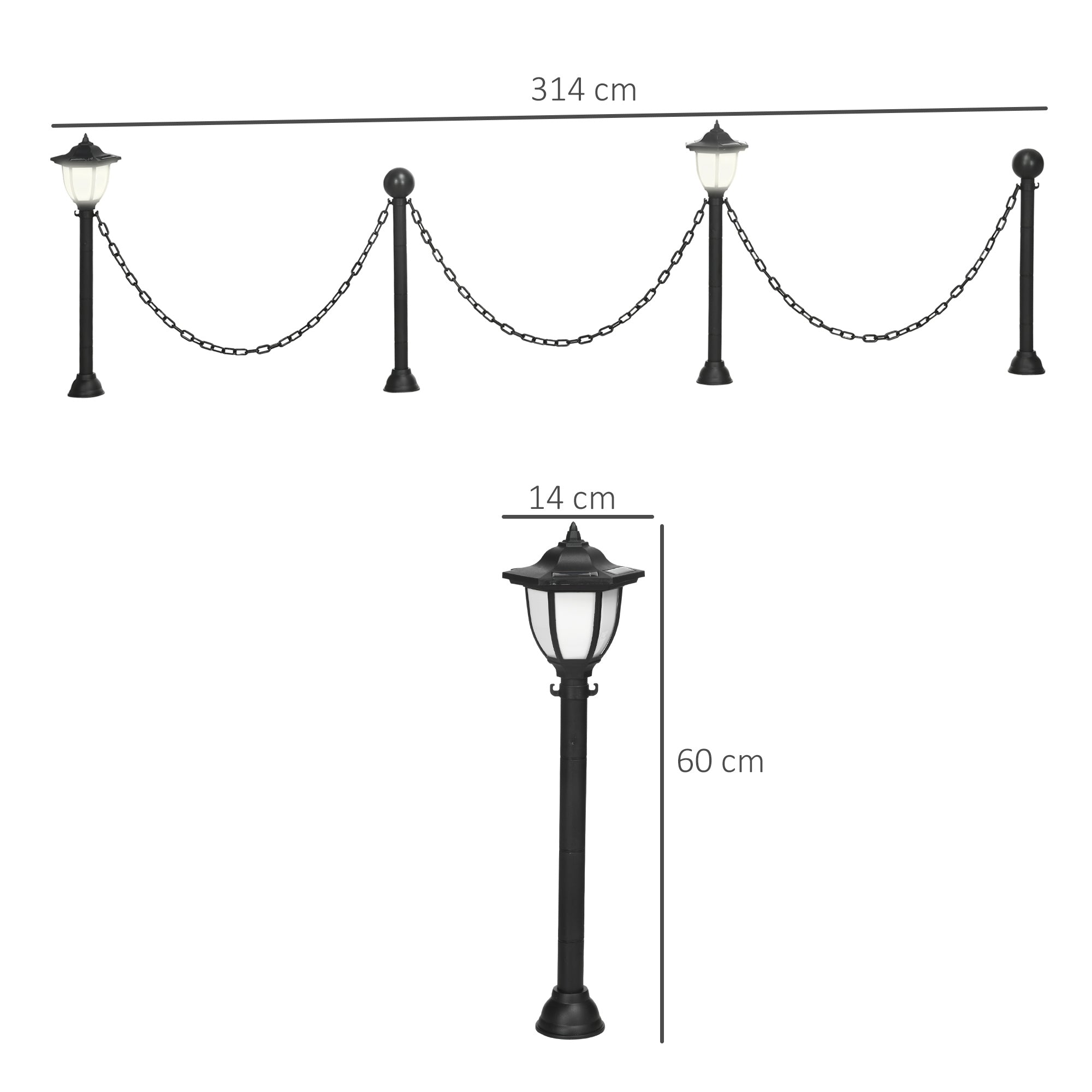 Outsunny Faroles Solares con Valla de Cadena Farolas LED con Energía Solar para Exteriores Impermeable IP65 Sensor de Noche 314x14x60 cm Negro