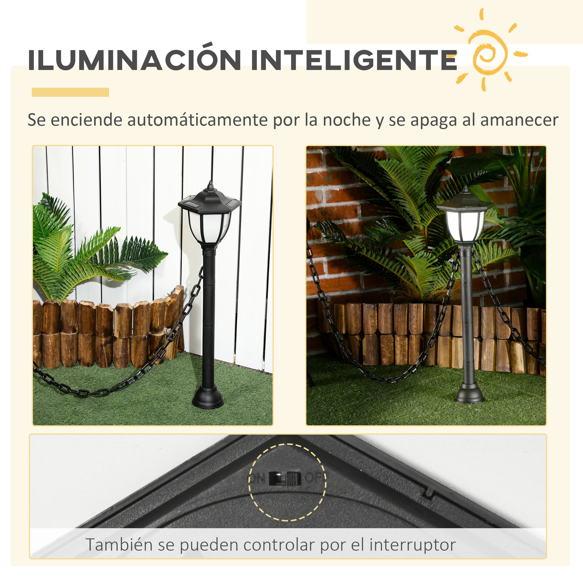 Outsunny Faroles Solares con Valla de Cadena Farolas LED con Energía Solar para Exteriores Impermeable IP65 Sensor de Noche 314x14x60 cm Negro