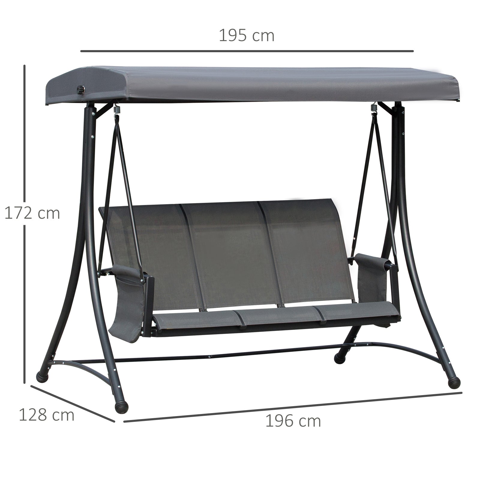 Outsunny Columpio de Jardín de 3 Plazas Balancín de Jardín Exterior con Toldo Ajustable Bolsillos Laterales y Marco Metálico Carga 300 kg 196x128x172 cm Gris Oscuro