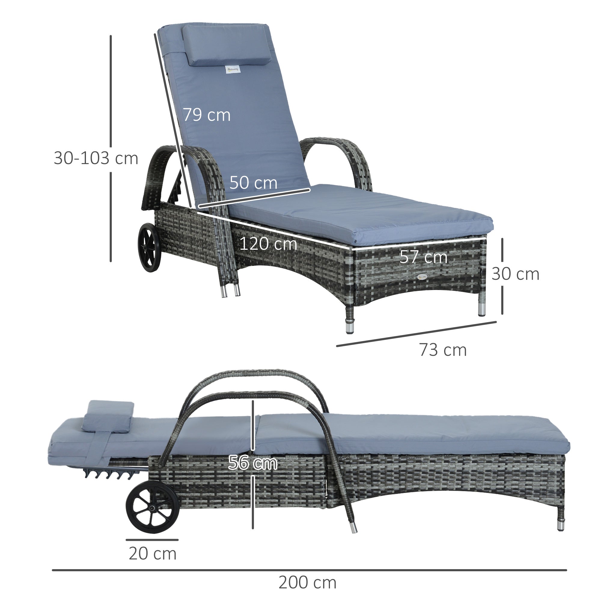 Outsunny Conjunto de 2 Tumbonas de Ratán de Jardín Chaise Longue con Respaldo Ajustable en 5 Posiciones Cojines Acolchados Reposacabezas y 2 Ruedas 200x73x72-103 cm Gris