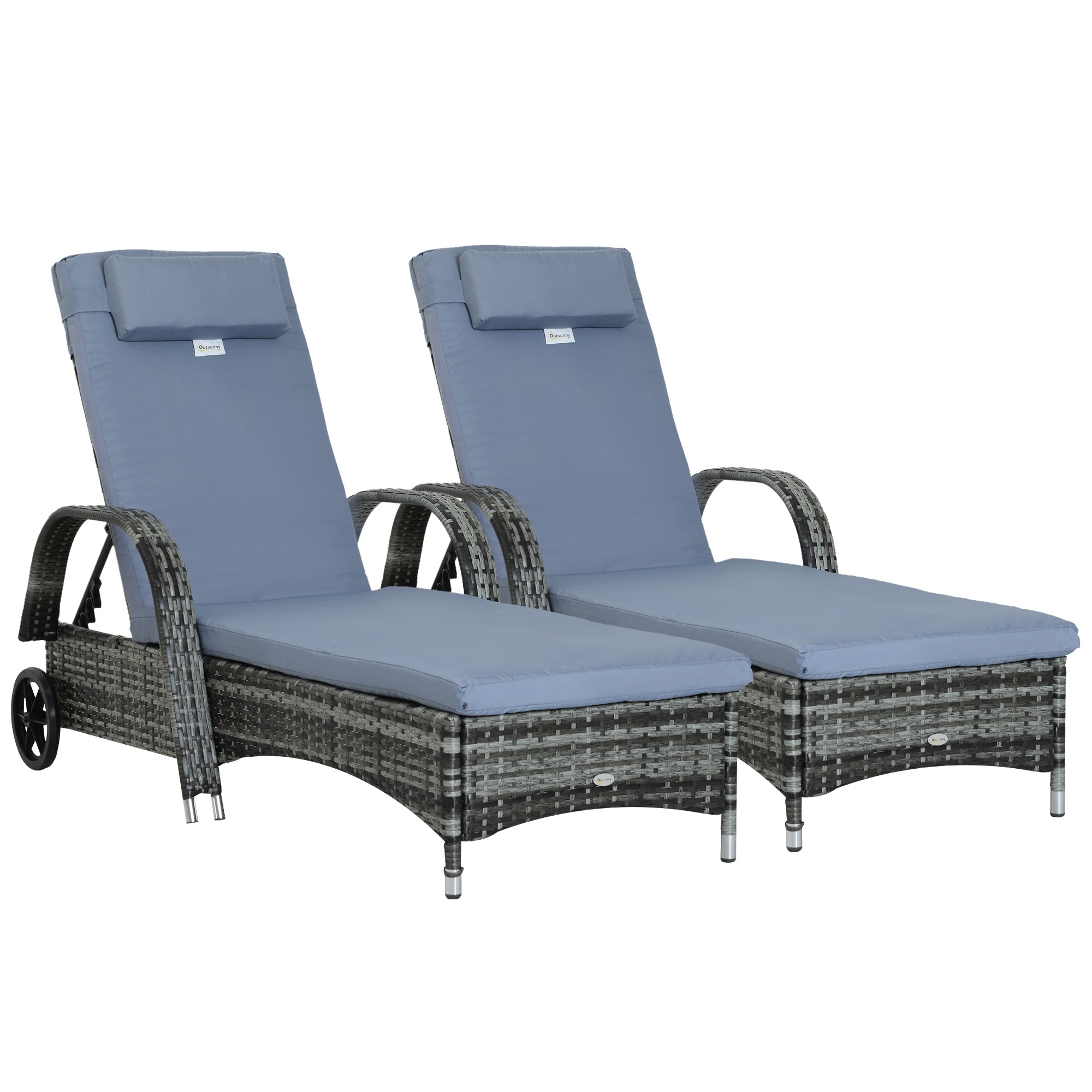 Outsunny Conjunto de 2 Tumbonas de Ratán de Jardín Chaise Longue con Respaldo Ajustable en 5 Posiciones Cojines Acolchados Reposacabezas y 2 Ruedas 200x73x72-103 cm Gris