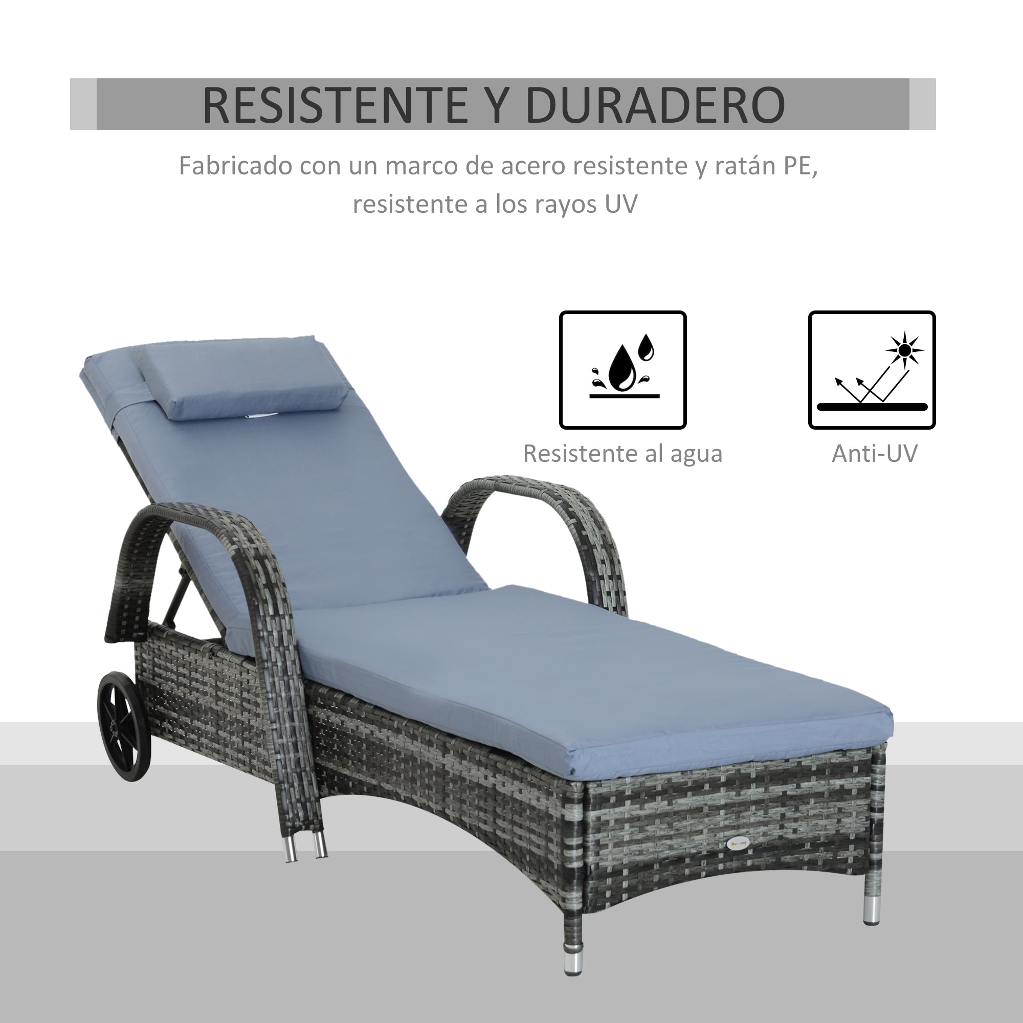 Outsunny Conjunto de 2 Tumbonas de Ratán de Jardín Chaise Longue con Respaldo Ajustable en 5 Posiciones Cojines Acolchados Reposacabezas y 2 Ruedas 200x73x72-103 cm Gris