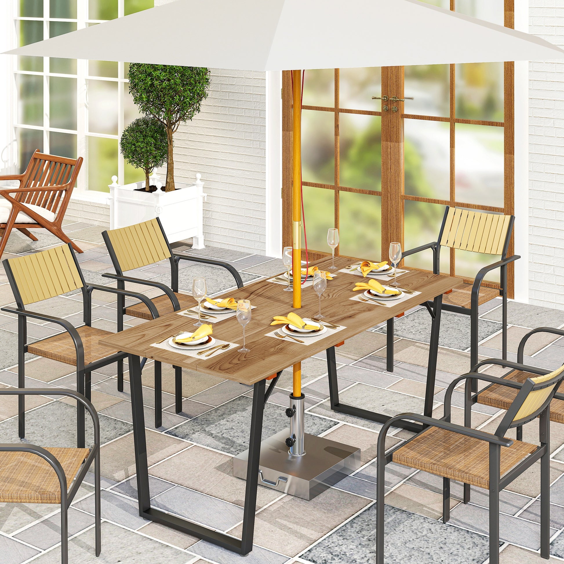 Outsunny Mesa Comedor de Jardín de Madera Rectangular Mesa de Terraza Exterior 175x80x75 cm con Orificio para Sombrilla Estructura de Acero y Encimera de Listones para Patio Balcón Natural