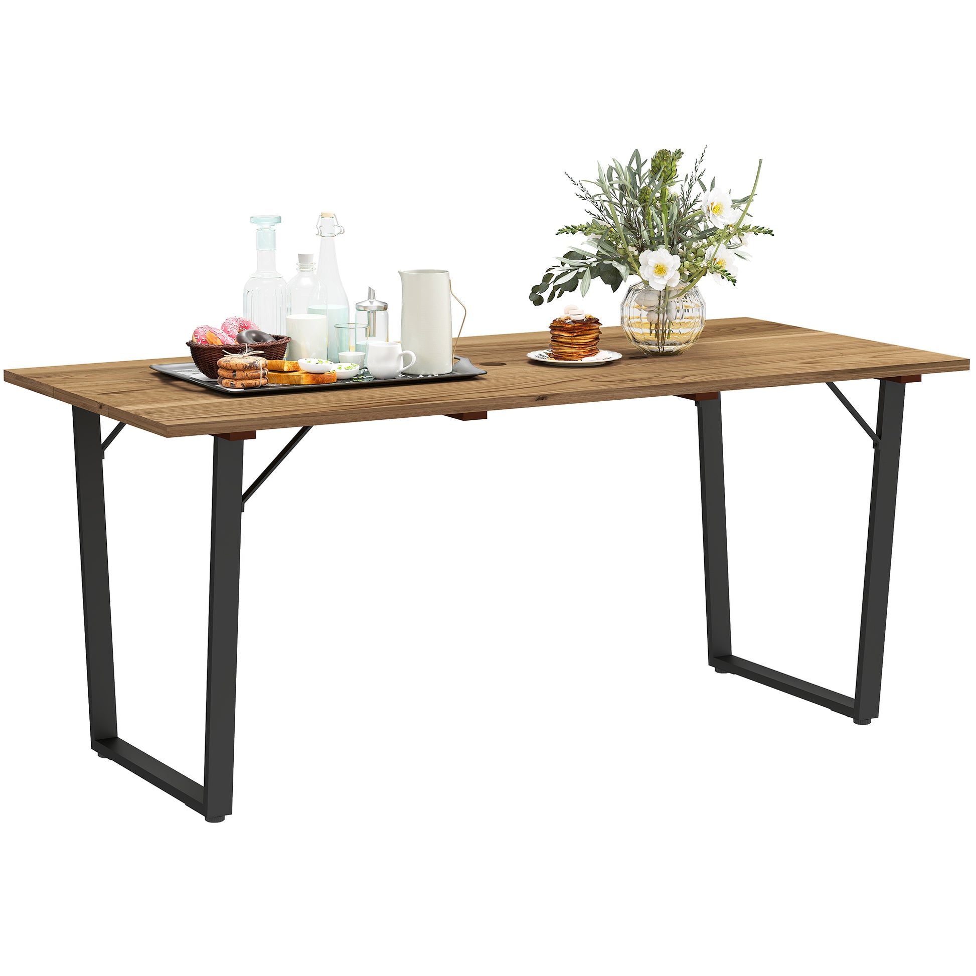 Outsunny Mesa Comedor de Jardín de Madera Rectangular Mesa de Terraza Exterior 175x80x75 cm con Orificio para Sombrilla Estructura de Acero y Encimera de Listones para Patio Balcón Natural