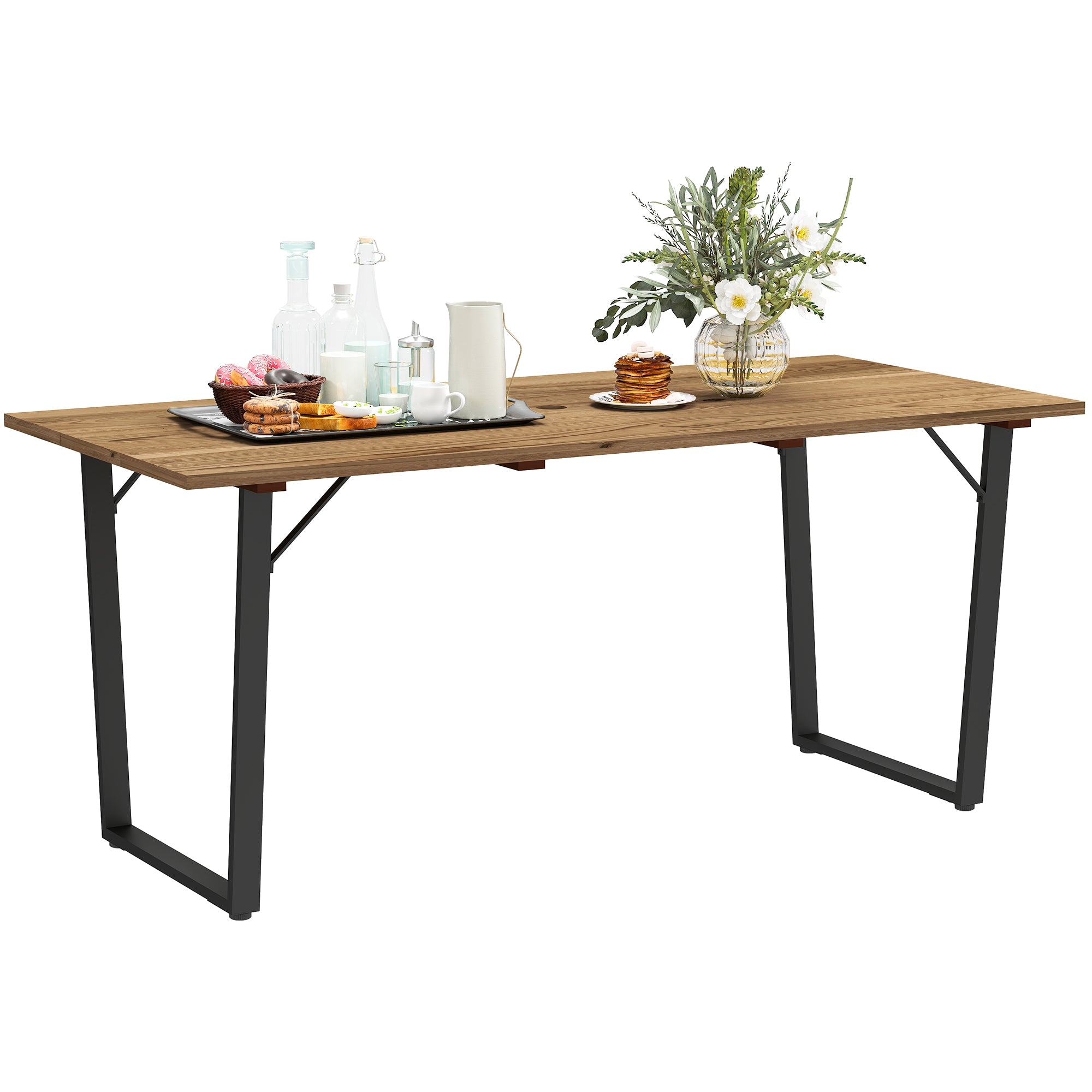 Outsunny Mesa Comedor de Jardín de Madera Rectangular Mesa de Terraza Exterior 175x80x75 cm con Orificio para Sombrilla Estructura de Acero y Encimera de Listones para Patio Balcón Natural