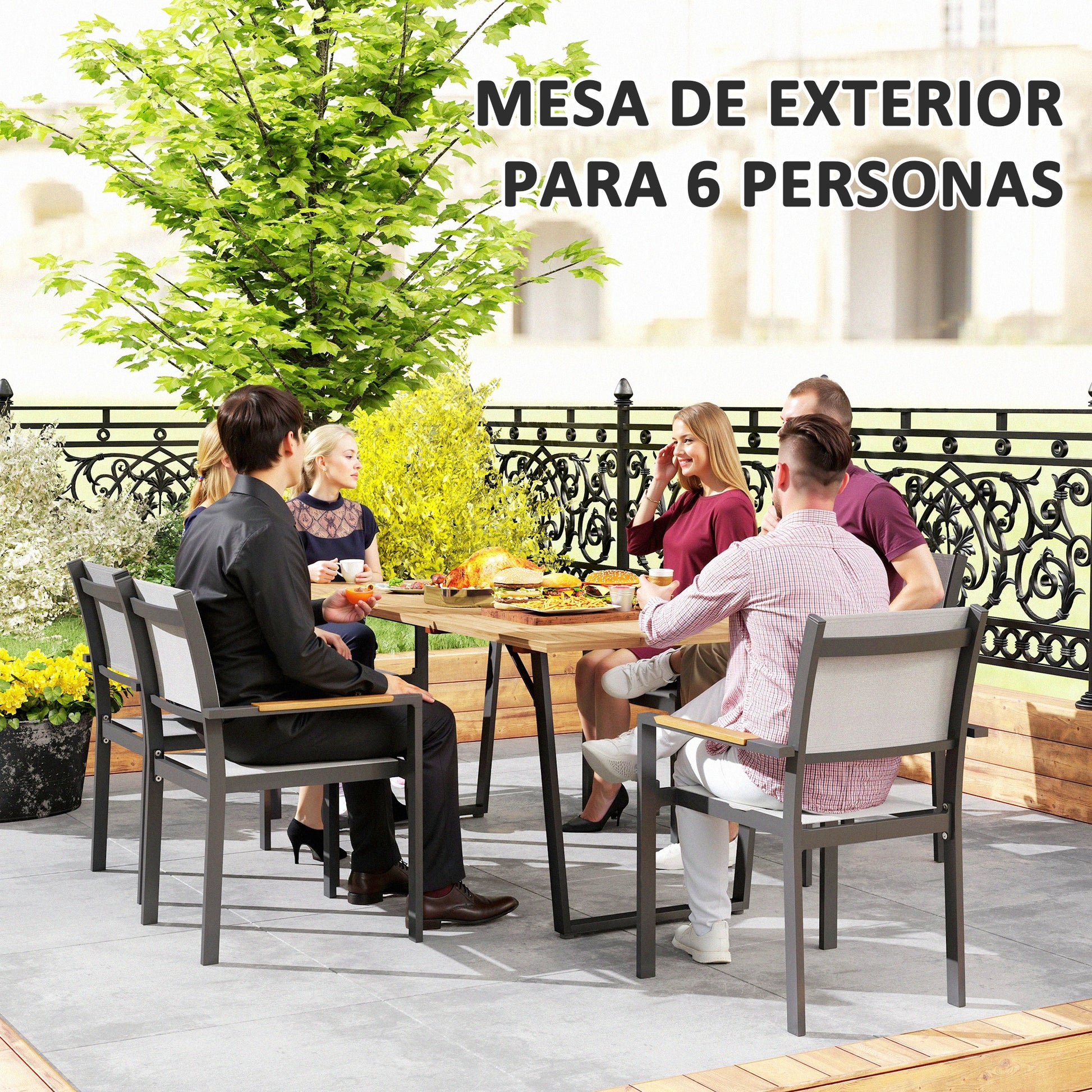 Outsunny Mesa Comedor de Jardín de Madera Rectangular Mesa de Terraza Exterior 175x80x75 cm con Orificio para Sombrilla Estructura de Acero y Encimera de Listones para Patio Balcón Natural