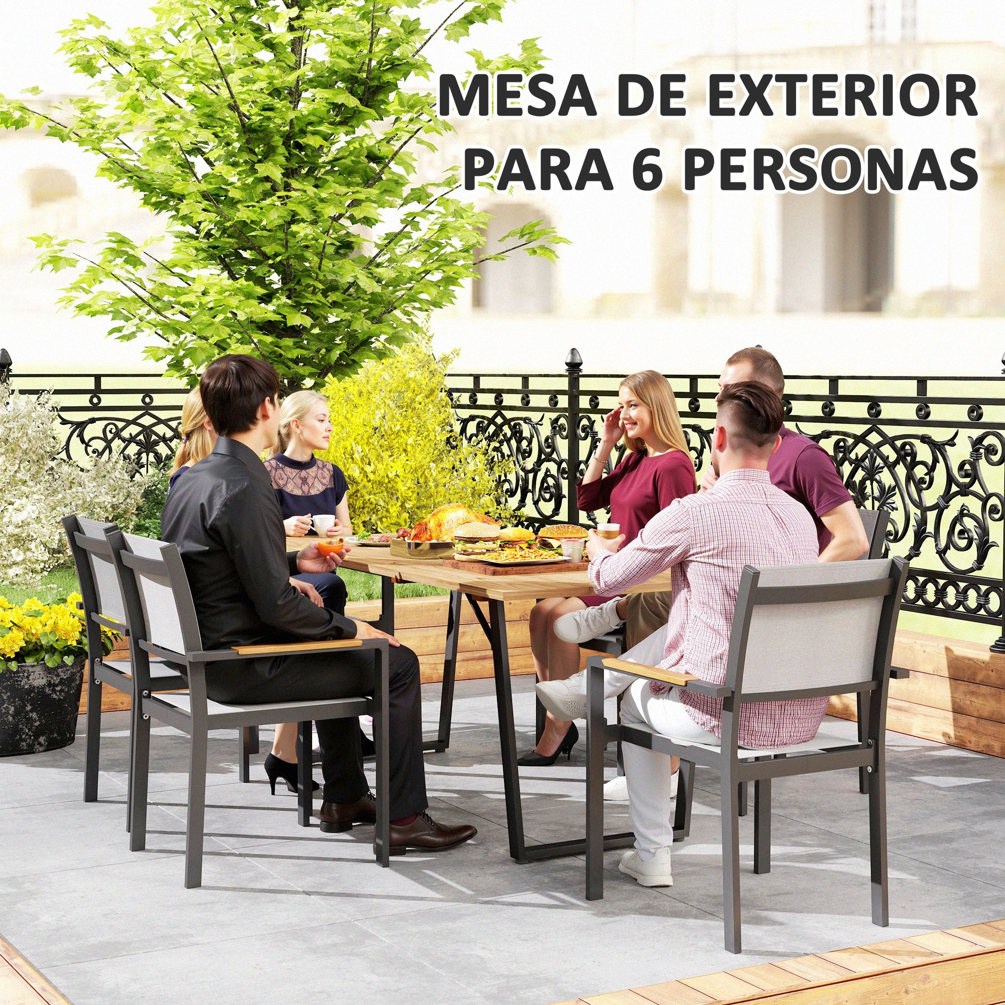 Outsunny Mesa Comedor de Jardín de Madera Rectangular Mesa de Terraza Exterior 175x80x75 cm con Orificio para Sombrilla Estructura de Acero y Encimera de Listones para Patio Balcón Natural