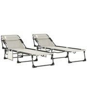 Outsunny Set de 2 Tumbonas Jardín Exterior, Tumbonas Plegables con Reposacabezas y Bolsillo Lateral, Respaldo Reclinable 5 Posiciones y Asiento de Malla Transpirable para Playa, Piscina, Blanco Crema