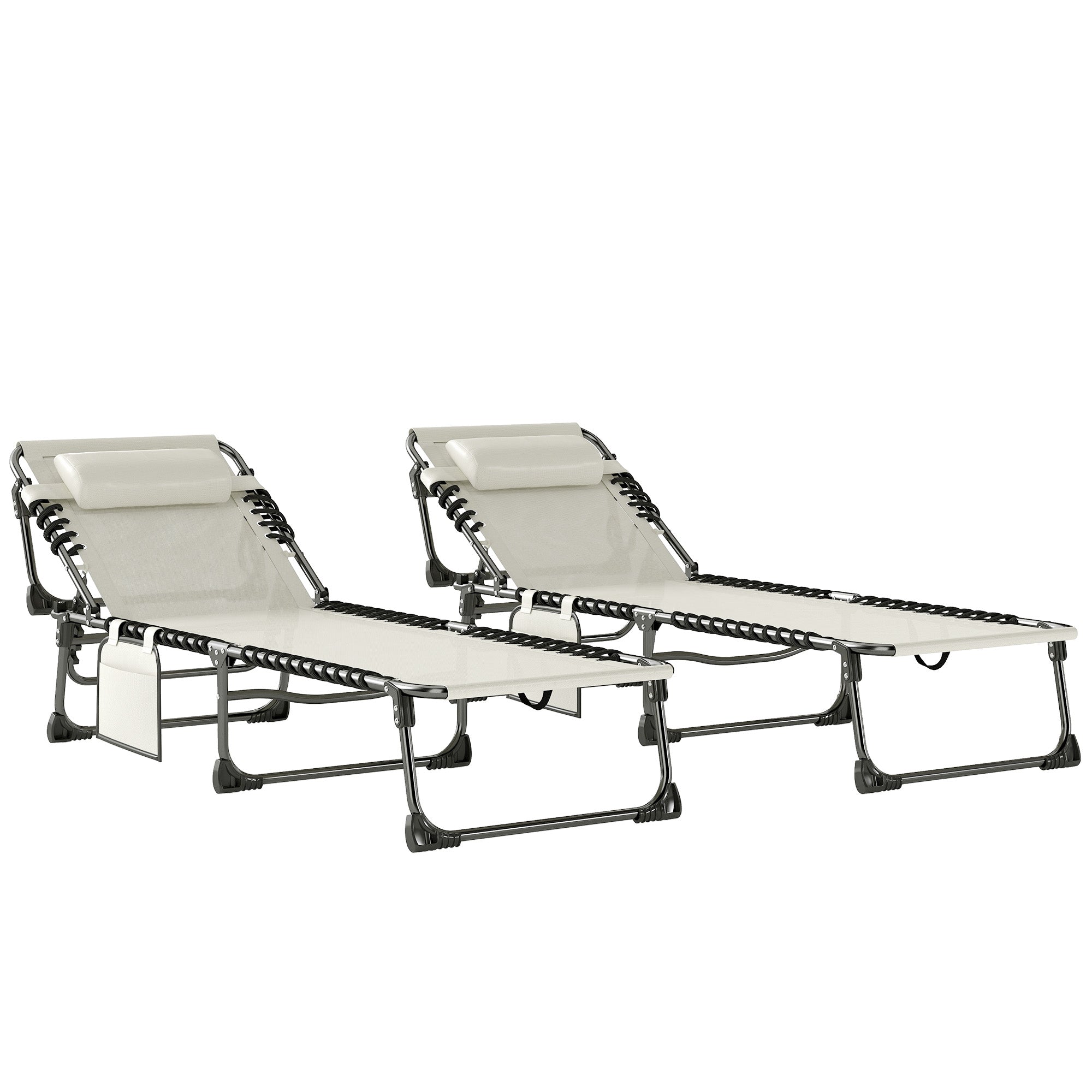 Outsunny Set de 2 Tumbonas Jardín Exterior, Tumbonas Plegables con Reposacabezas y Bolsillo Lateral, Respaldo Reclinable 5 Posiciones y Asiento de Malla Transpirable para Playa, Piscina, Blanco Crema