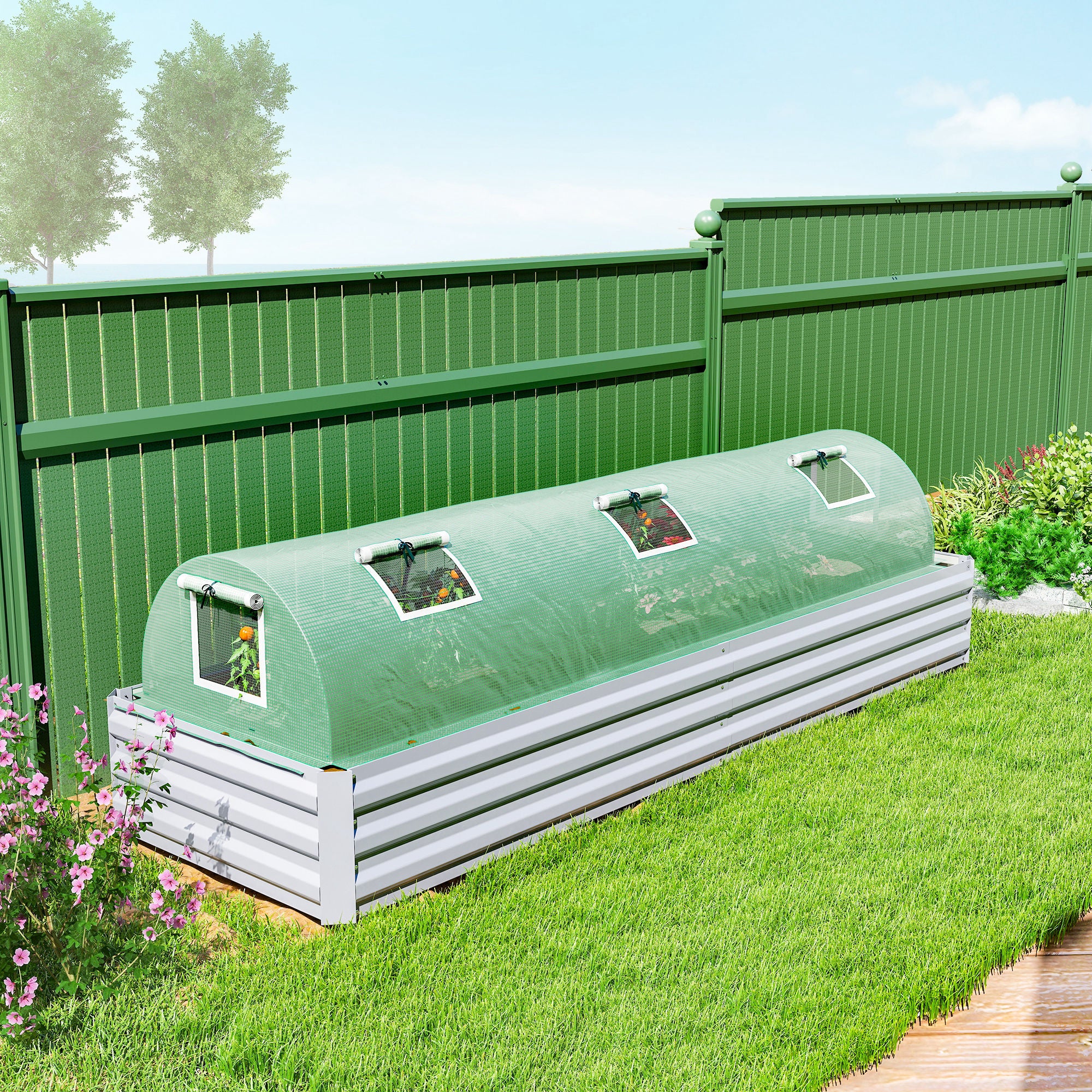 Outsunny Invernadero de Exterior, 300x80x45 cm, Invernadero de Jardín con 5 Ventanas Enrollables de Malla, Marco de Acero y Cubierta de PE 140g/㎡ Anti-UV para Cultivos, Plantas, Flores, Verde