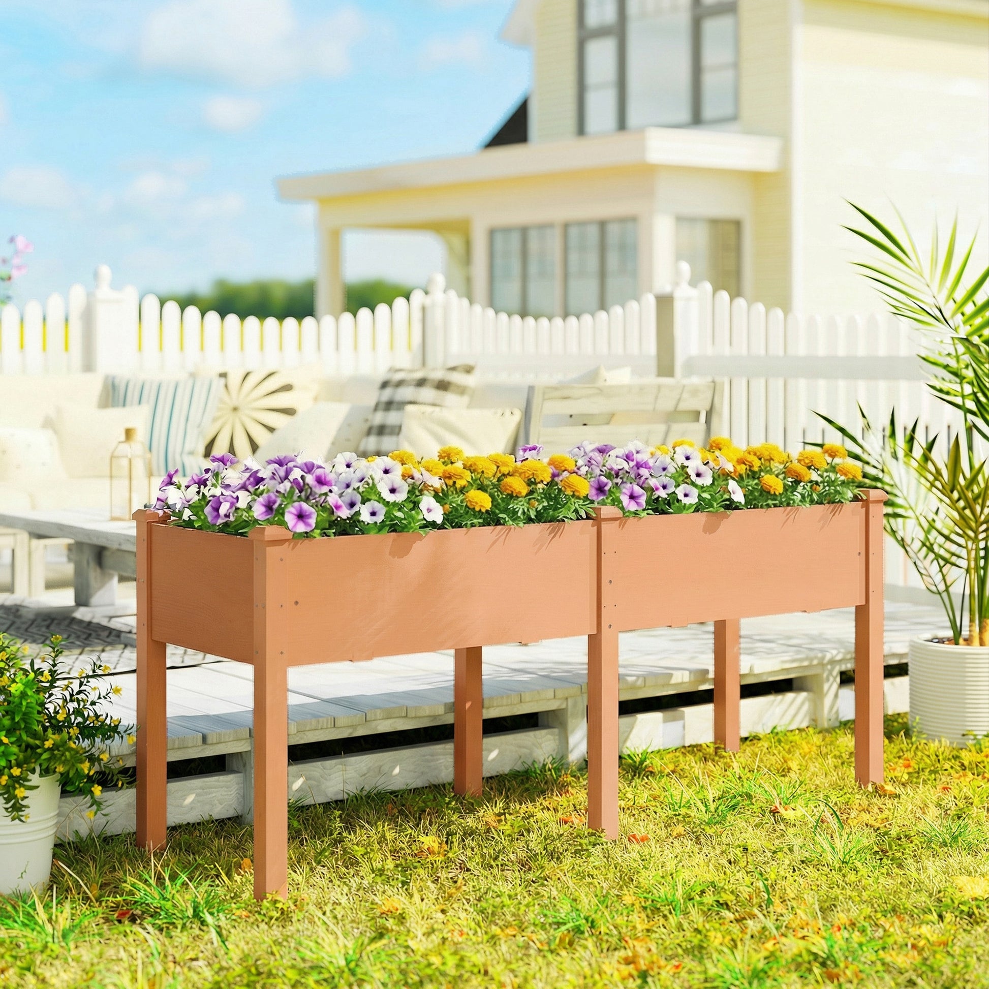 Outsunny Huerto Urbano Elevado de Madera, Mesa de Cultivo con Patas, 6 Orificios de Drenaje, para Cultivo, Plantas, Flores y Verduras, 184x59x76,5 cm, Marrón