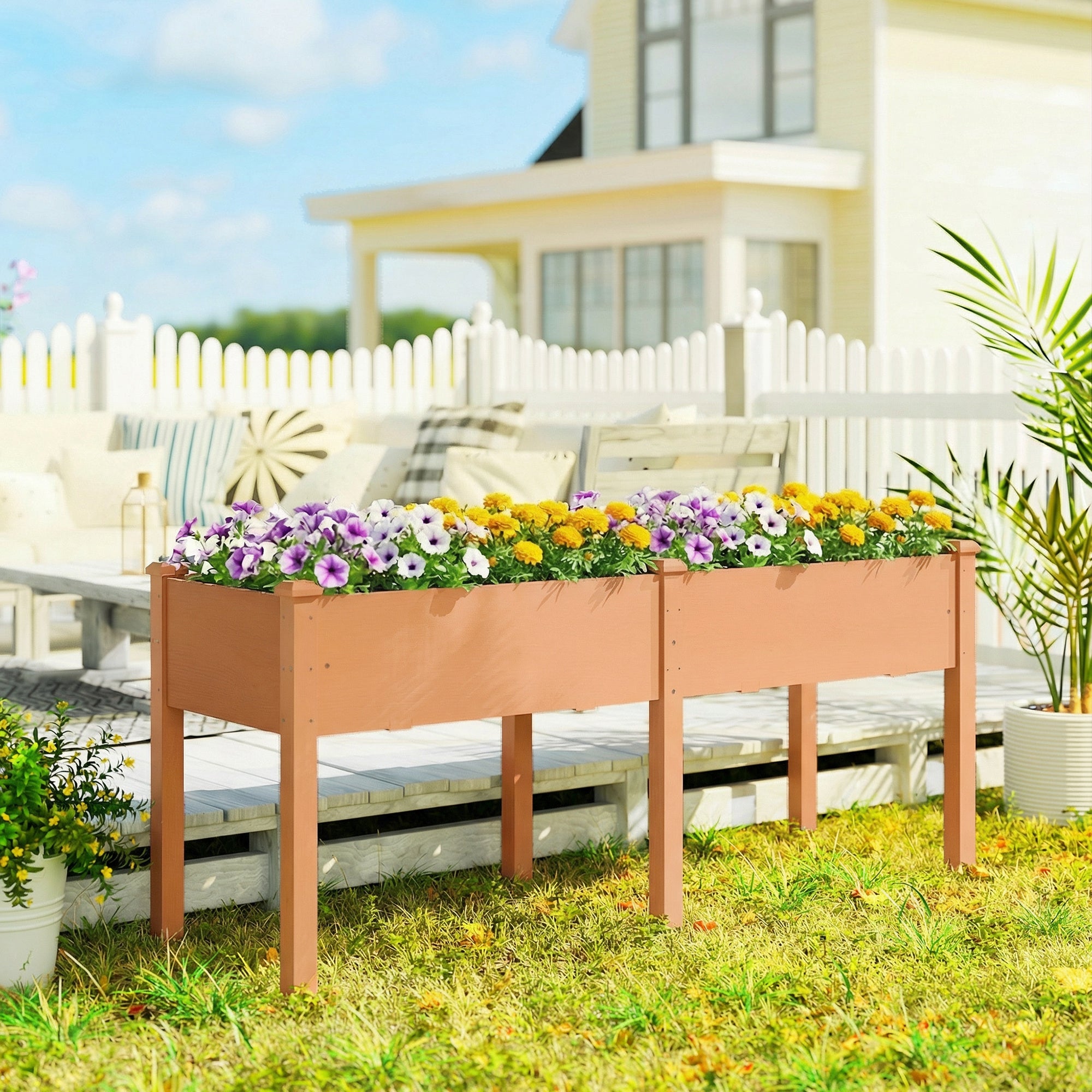 Outsunny Huerto Urbano Elevado de Madera, Mesa de Cultivo con Patas, 6 Orificios de Drenaje, para Cultivo, Plantas, Flores y Verduras, 184x59x76,5 cm, Marrón