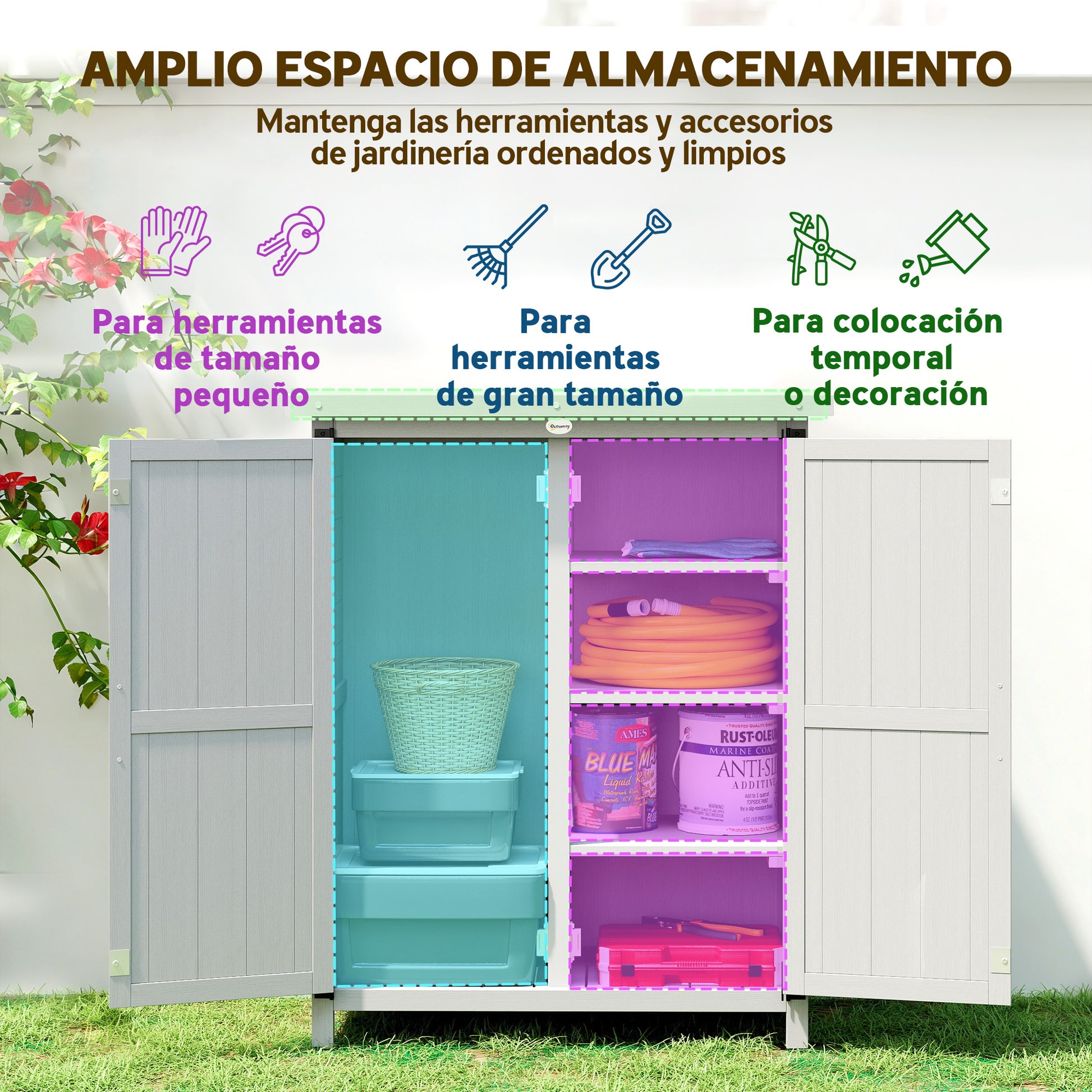 Outsunny Caseta de Jardín de Madera, 75x40x90 cm, Cobertizo Jardín Exterior, Armario para Almacenaje de Herramientas, con 4 Estantes, 2 Puertas y Techo de Acero Galvanizado, Gris