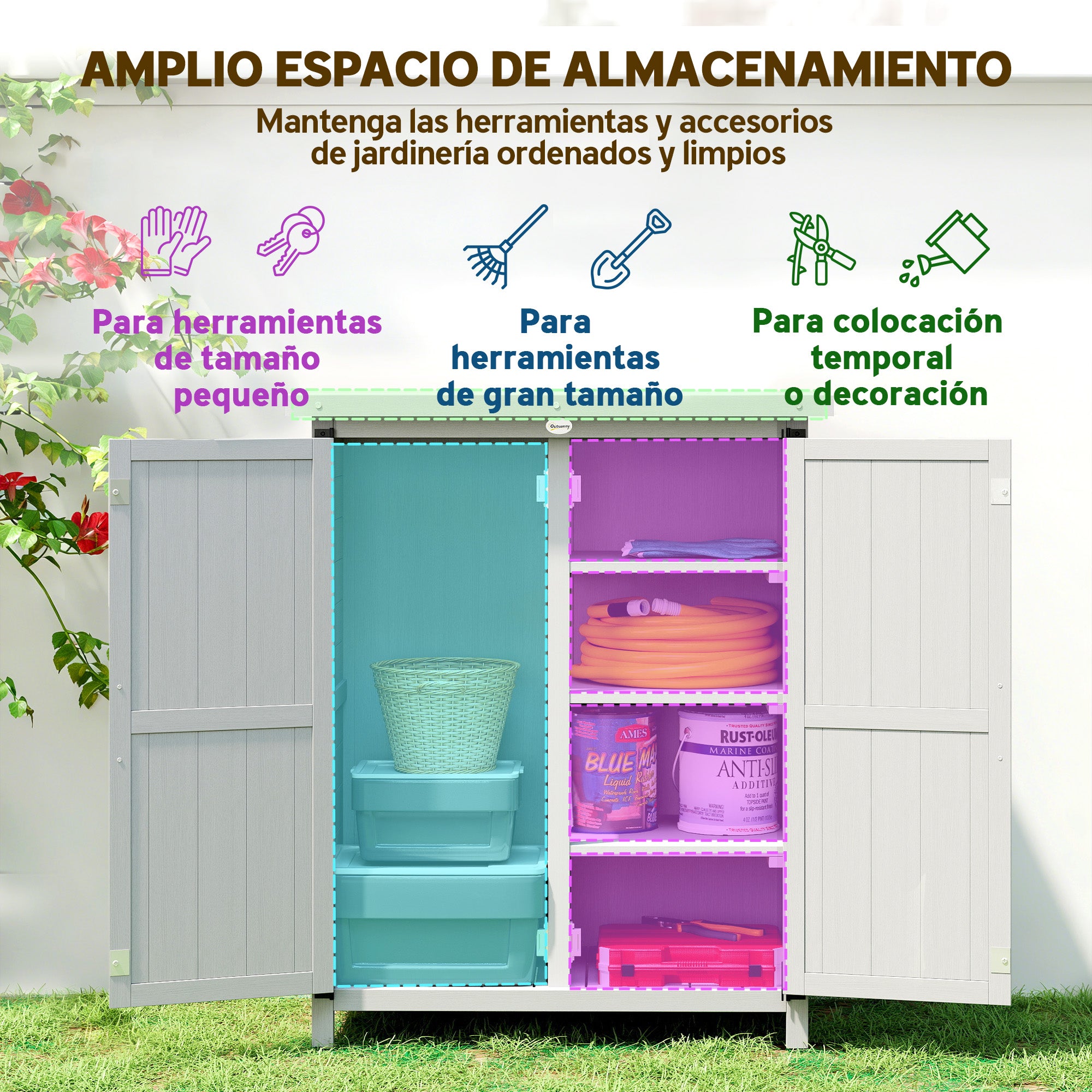 Outsunny Caseta de Jardín de Madera, 75x40x90 cm, Cobertizo Jardín Exterior, Armario para Almacenaje de Herramientas, con 4 Estantes, 2 Puertas y Techo de Acero Galvanizado, Gris