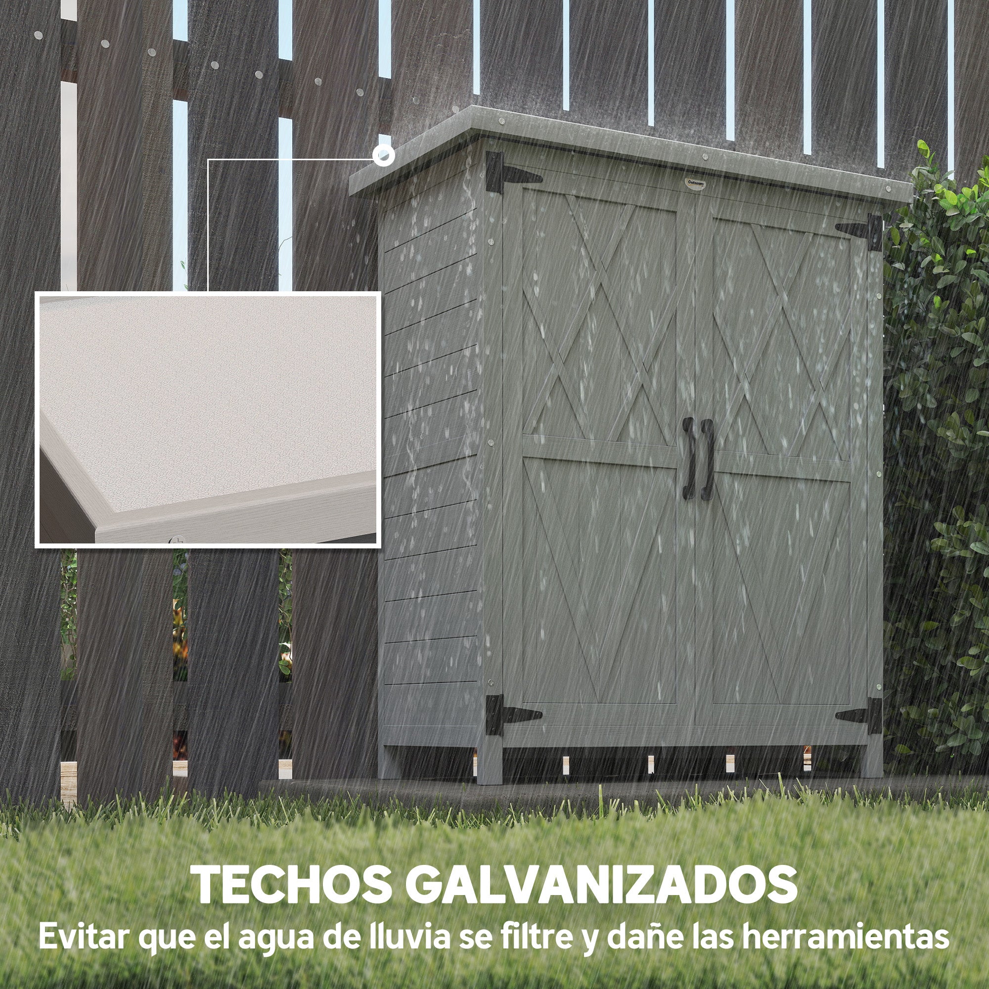 Outsunny Caseta de Jardín de Madera, 75x40x90 cm, Cobertizo Jardín Exterior, Armario para Almacenaje de Herramientas, con 4 Estantes, 2 Puertas y Techo de Acero Galvanizado, Gris