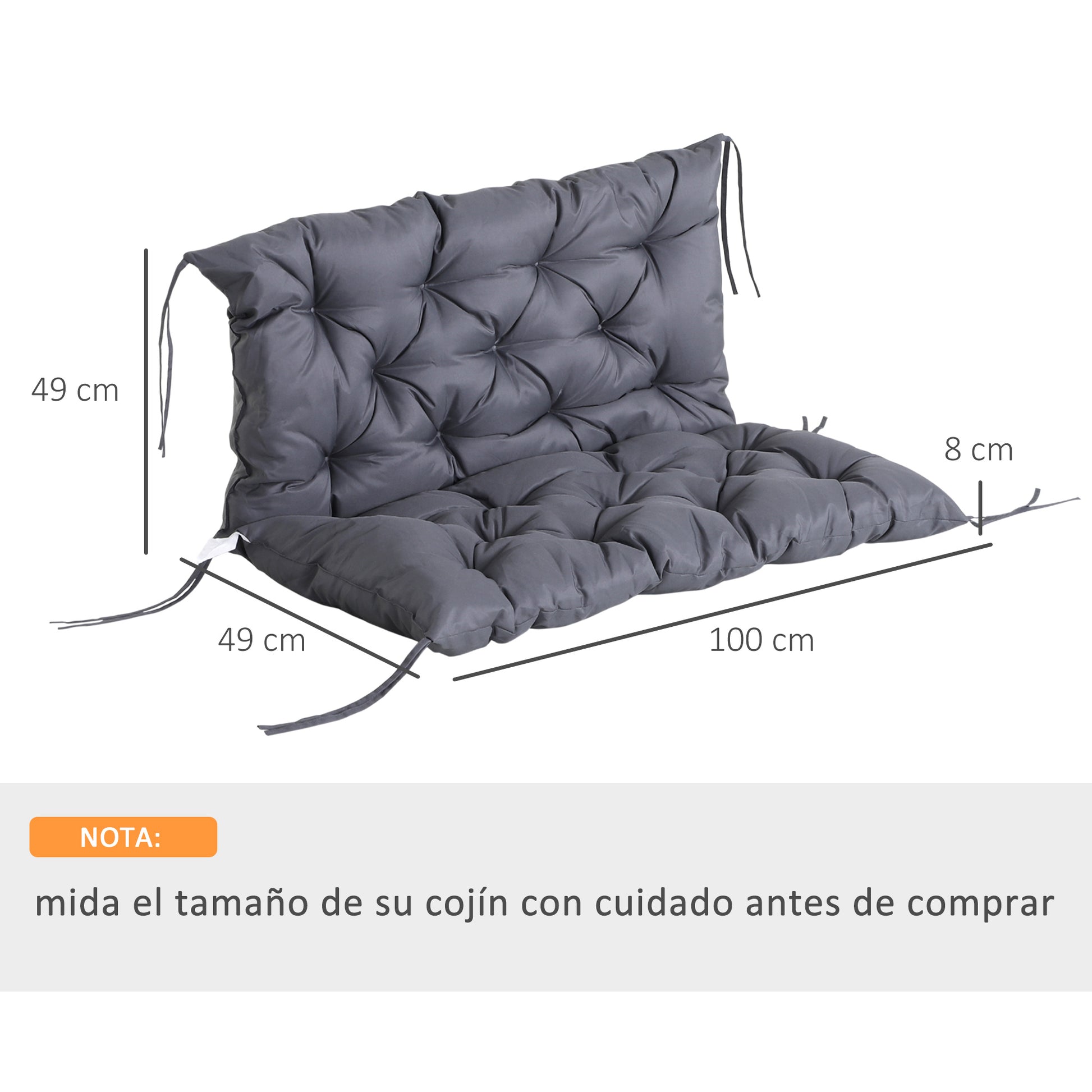 Outsunny Cojín para Banco con Respaldo 100x98x8 cm Colchón de Banco de 2 Plazas con 6 Cordones de Fijación para Jardín Terraza Balcón Exterior Gris