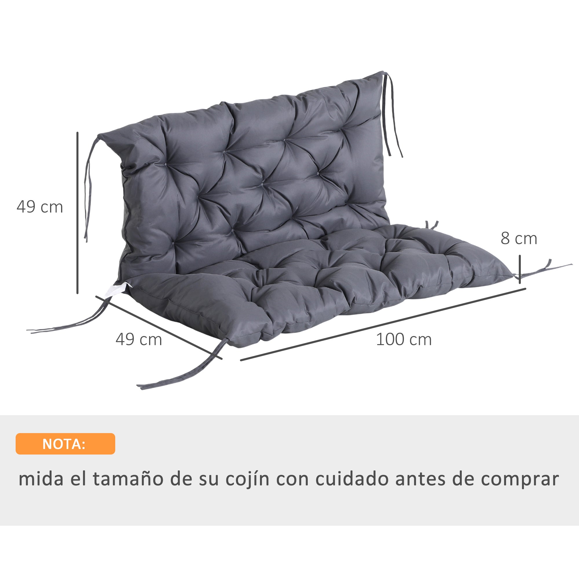Outsunny Cojín para Banco con Respaldo 100x98x8 cm Colchón de Banco de 2 Plazas con 6 Cordones de Fijación para Jardín Terraza Balcón Exterior Gris