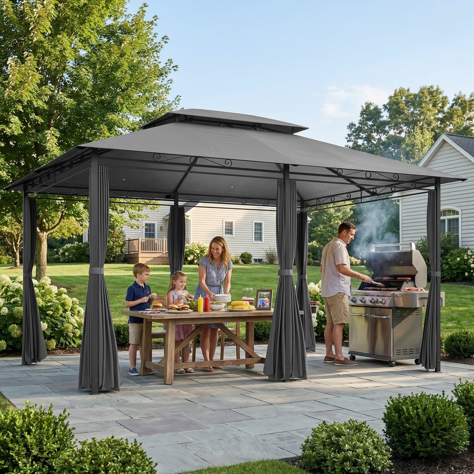 Outsunny Cenador para Jardín 3x4 m, Pabellón de Jardín, Gazebo con Doble Techo, 6 Paredes Laterales, Estructura Metálica, Drenaje, Carpa para Exterior, Terraza, Patio, Gris