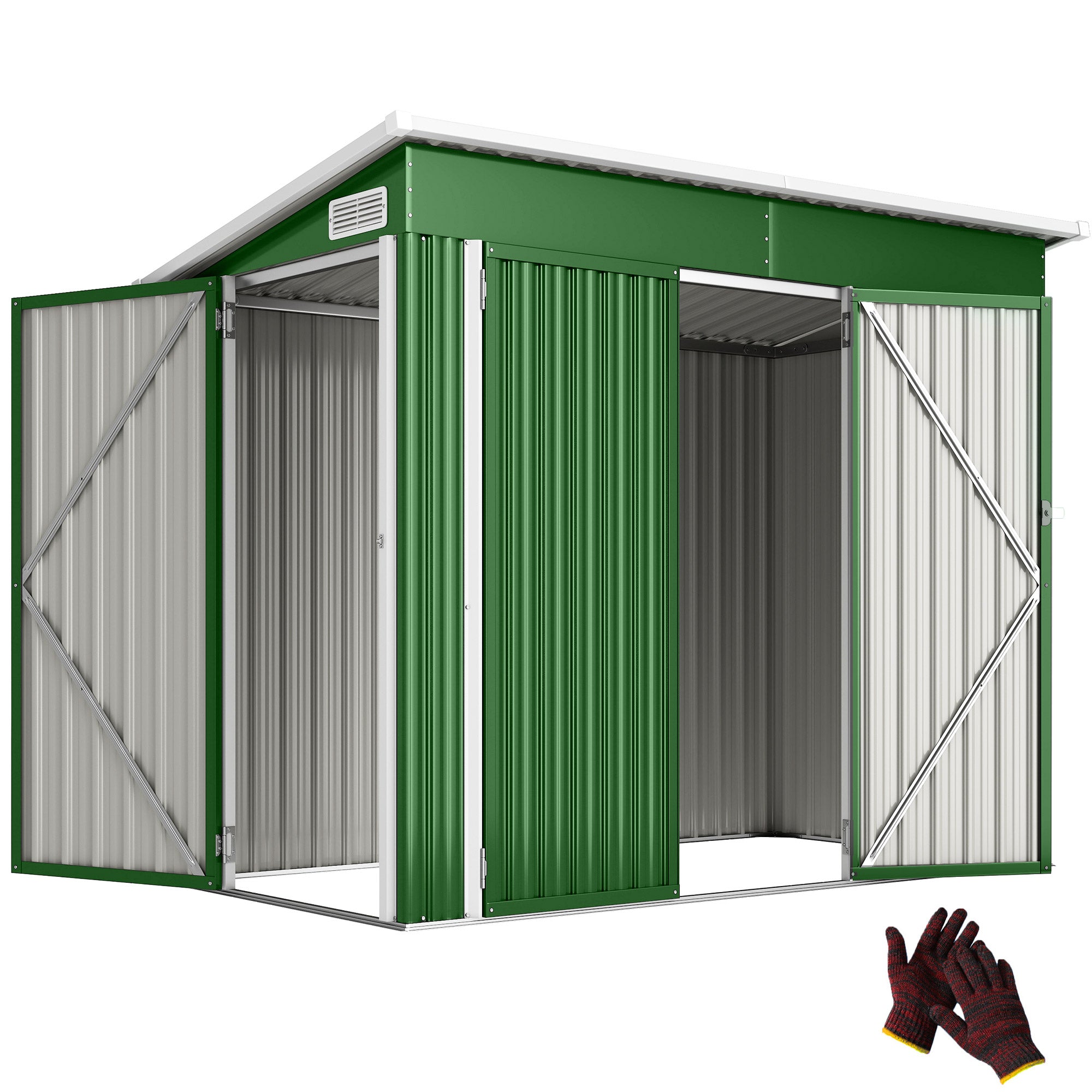 Outsunny Caseta de Jardín Exterior 2,7 m², 234x132x185 cm, Cobertizo de Jardín Exterior Metálico con Triple Puerta, Cerradura, Techo Inclinado y Ventilación para Almacenamiento de Herramientas, Verde