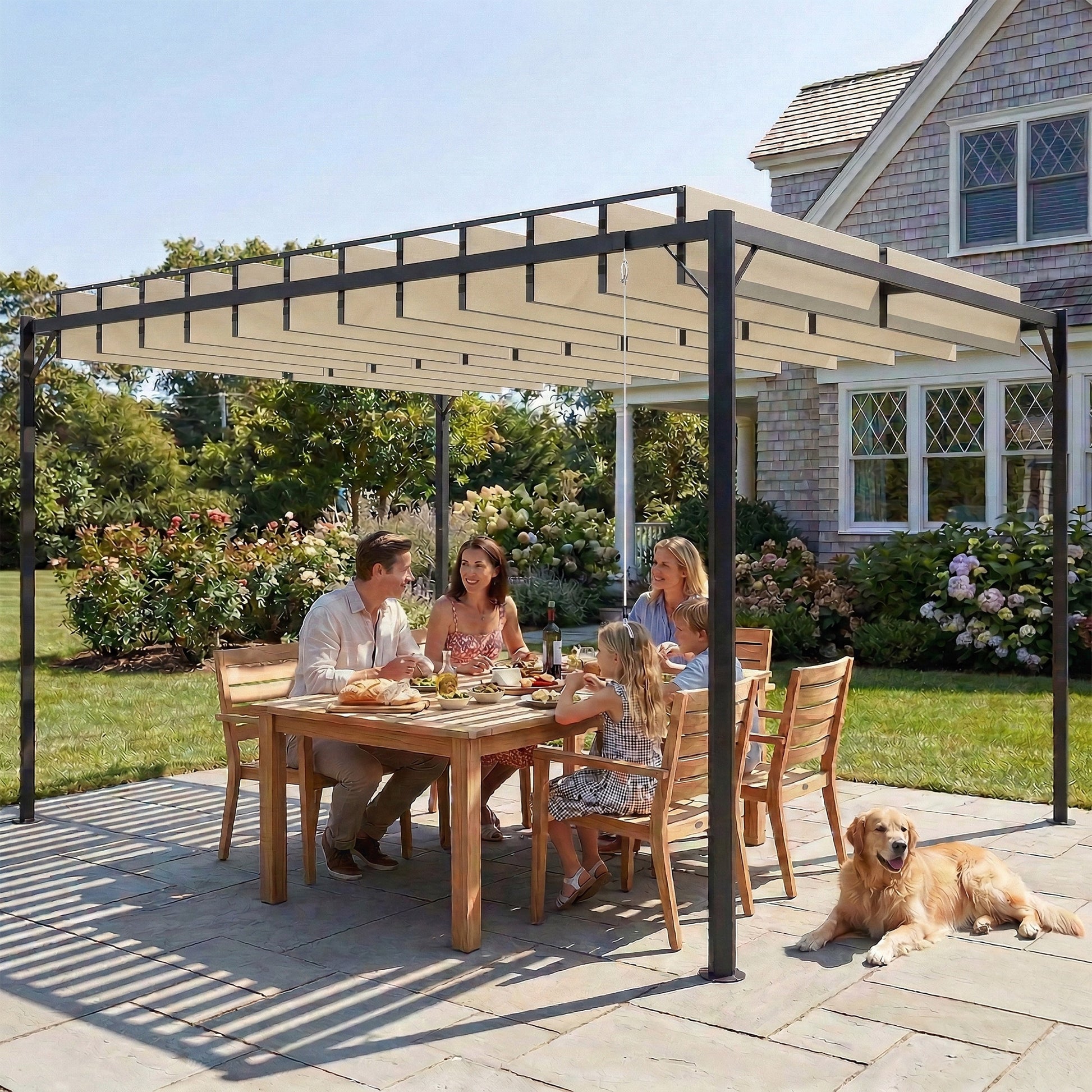 Outsunny Pérgola de Jardín 3x4 m, Cenador de Jardín con Techo de Lamas Orientables, Estructura de Metal, Protección UPF50+, Pabellón para Exterior, Patio, Terraza, Blanco Crema