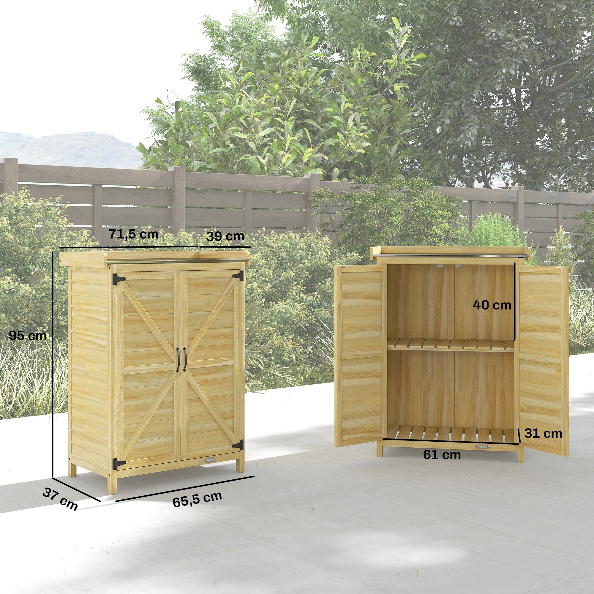 Outsunny Armario de Exterior de Madera, Caseta de Jardín Exterior con Techo de Metal Galvanizado, Estantes, 2 Puertas, Ganchos, Cobertizo de Jardín para Almacenaje Herramientas, 71,5x39x95 cm, Natural