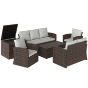 Outsunny Conjunto de Jardín Exterior de Ratán, Conjunto Terraza, Muebles Jardín Exterior 6 Piezas Incluye Cojines, Sofá Doble, Sofá 3 Plazas, 2 Sillones, 2 Mesas Auxiliares con Almacenamiento, Beige