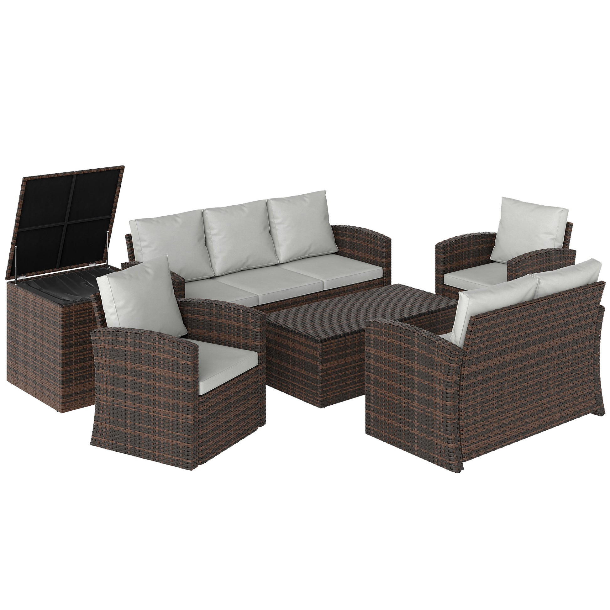 Outsunny Conjunto de Jardín Exterior de Ratán, Conjunto Terraza, Muebles Jardín Exterior 6 Piezas Incluye Cojines, Sofá Doble, Sofá 3 Plazas, 2 Sillones, 2 Mesas Auxiliares con Almacenamiento, Beige
