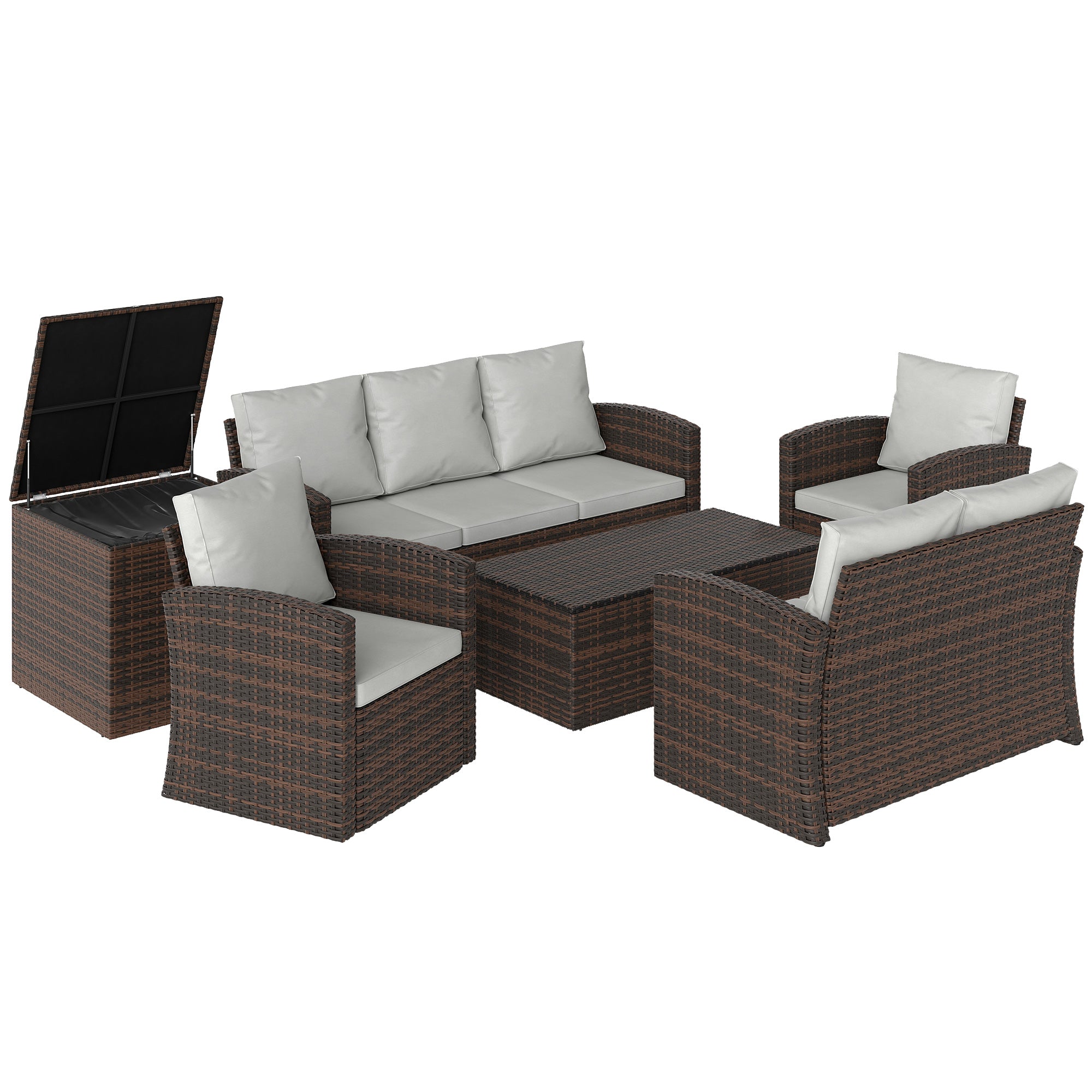 Outsunny Conjunto de Jardín Exterior de Ratán, Conjunto Terraza, Muebles Jardín Exterior 6 Piezas Incluye Cojines, Sofá Doble, Sofá 3 Plazas, 2 Sillones, 2 Mesas Auxiliares con Almacenamiento, Beige