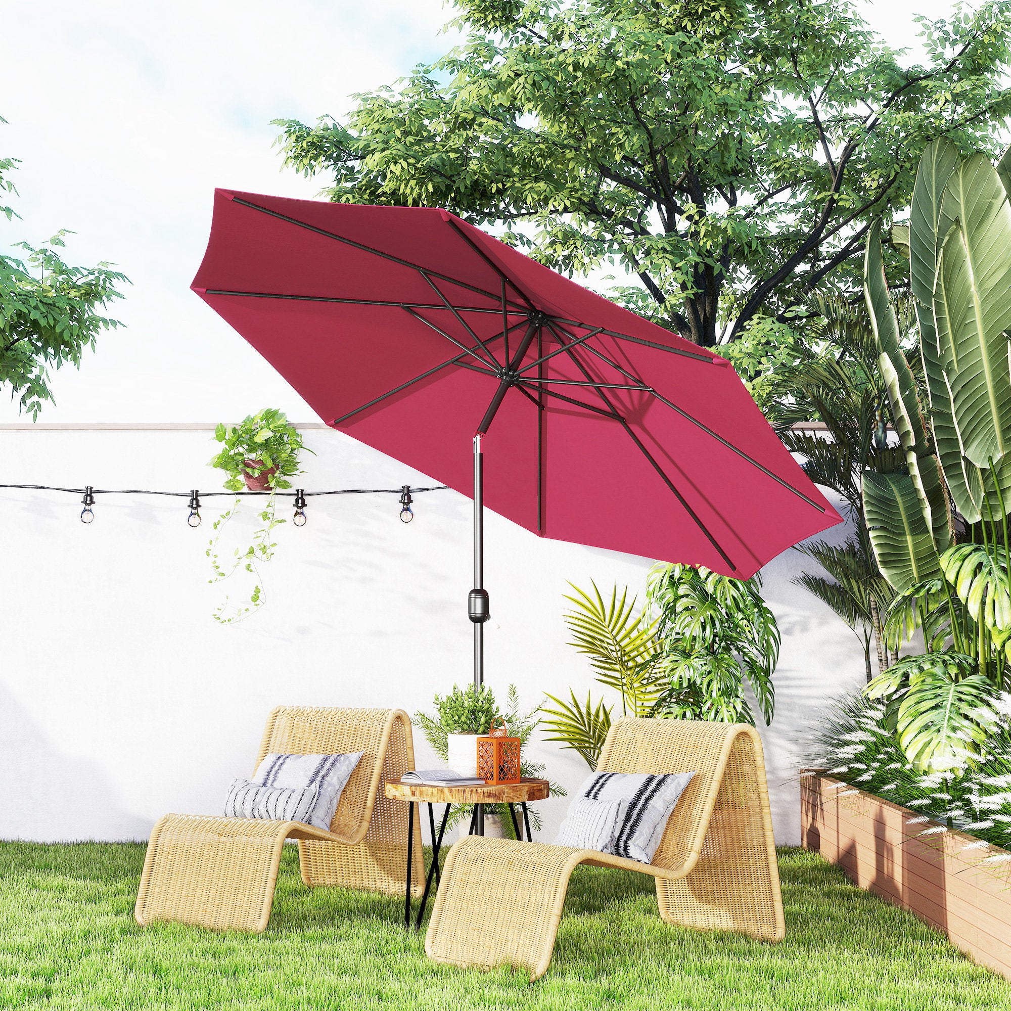 Outsunny Sombrilla de Jardín Ø295x250 cm con Manivela Parasol Exterior con Mecanismo de Inclinación y Poste Desmontable de Metal para Terraza Piscina Patio Vino Tinto