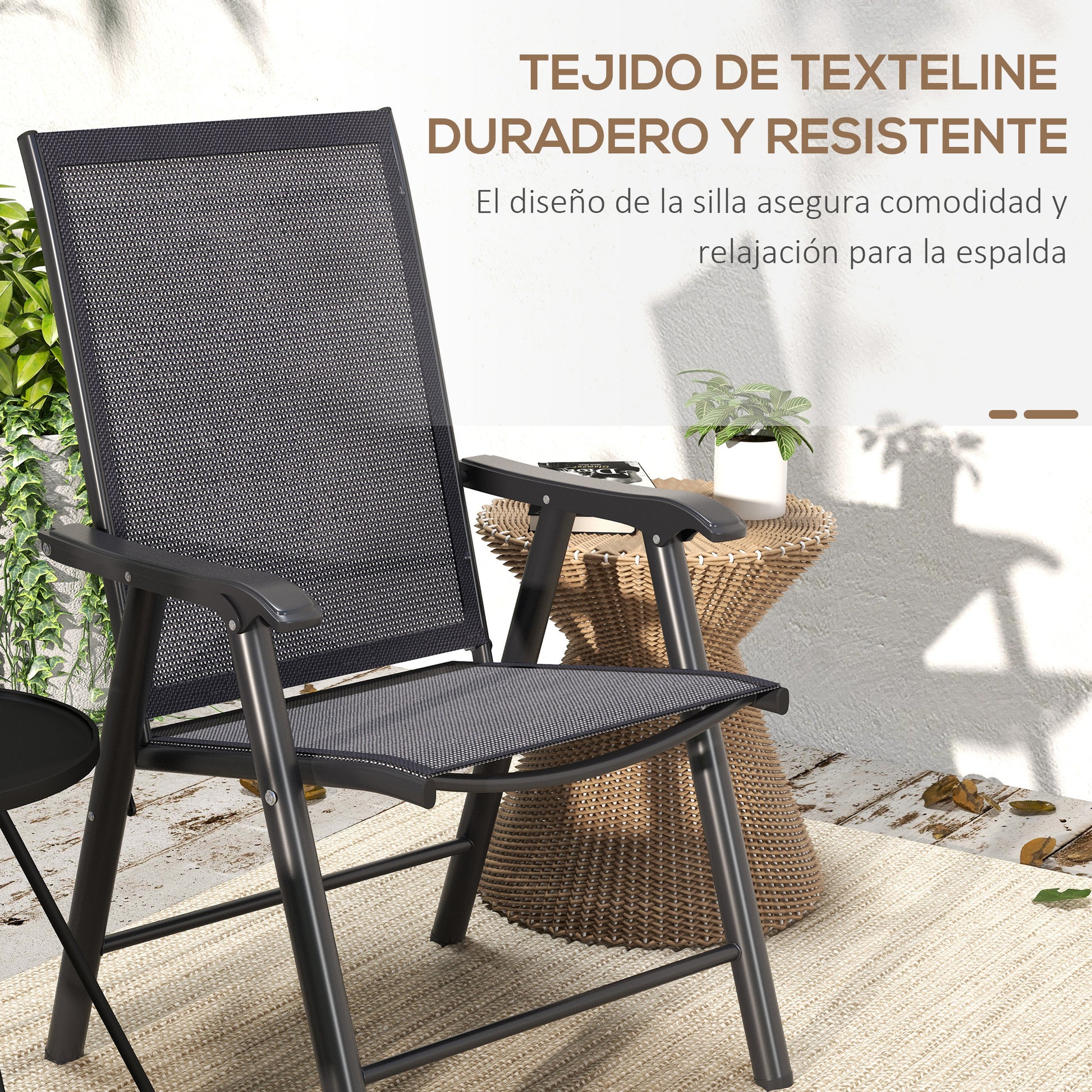 Outsunny Juego de 2 Sillas de Camping Plegables Sillas Plegables de Jardín Exterior Acolchadas en Malla con Marco de Acero y Reposabrazos Carga 110 kg para Terraza Playa 58x64x94 cm Gris Oscuro