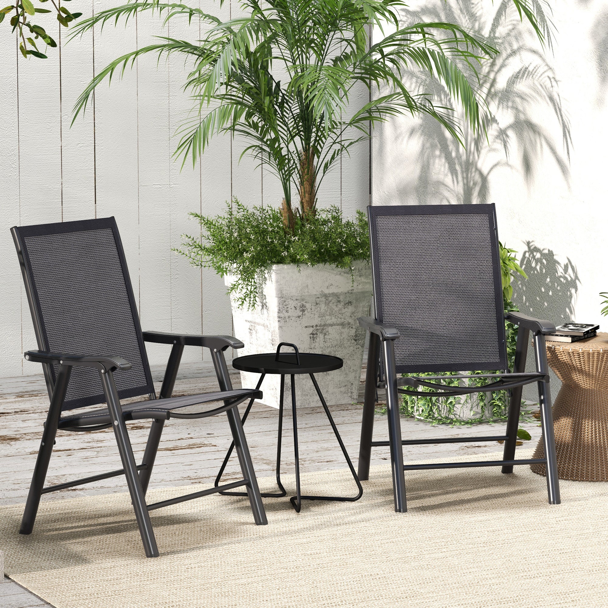 Outsunny Juego de 2 Sillas de Camping Plegables Sillas Plegables de Jardín Exterior Acolchadas en Malla con Marco de Acero y Reposabrazos Carga 110 kg para Terraza Playa 58x64x94 cm Gris Oscuro