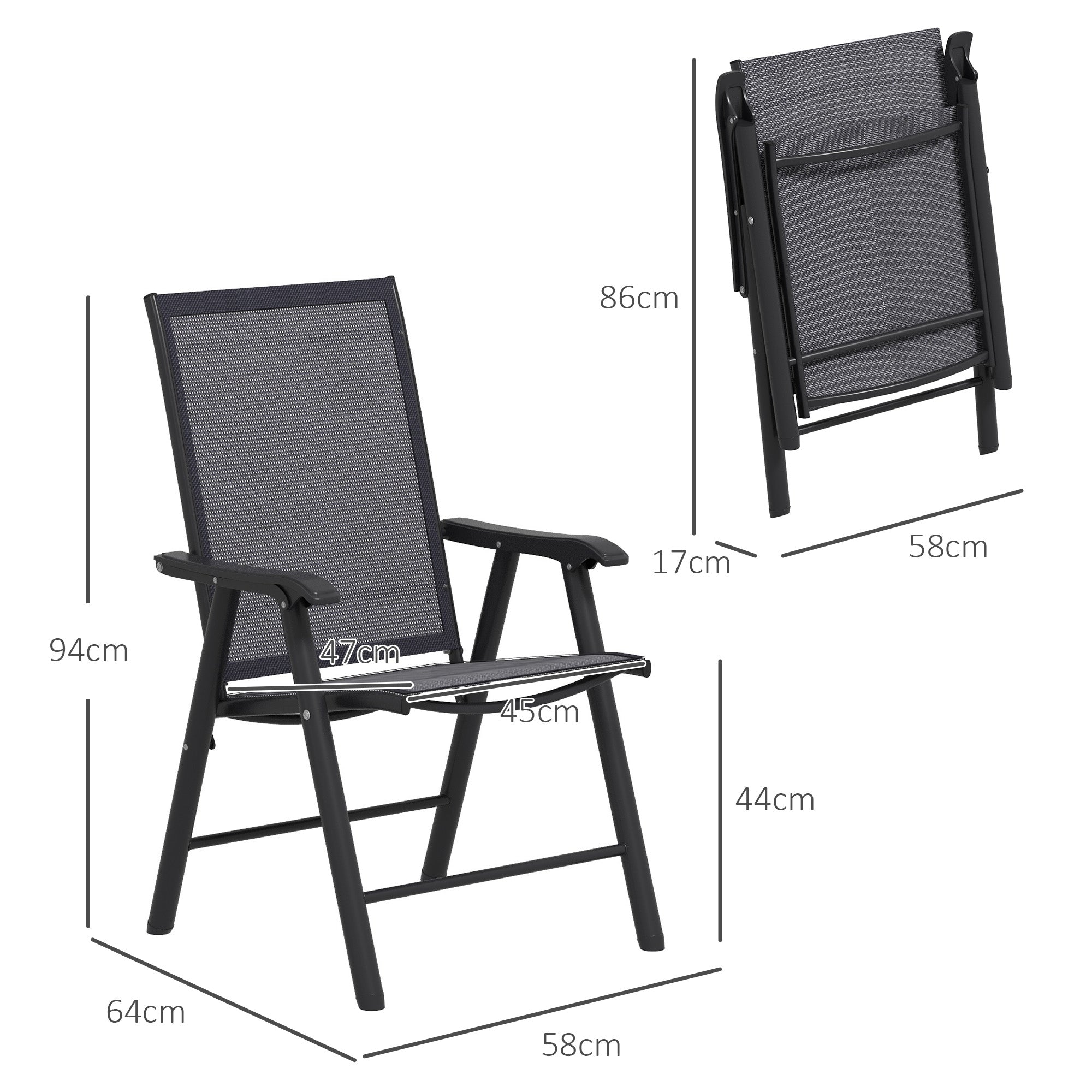 Outsunny Juego de 2 Sillas de Camping Plegables Sillas Plegables de Jardín Exterior Acolchadas en Malla con Marco de Acero y Reposabrazos Carga 110 kg para Terraza Playa 58x64x94 cm Gris Oscuro