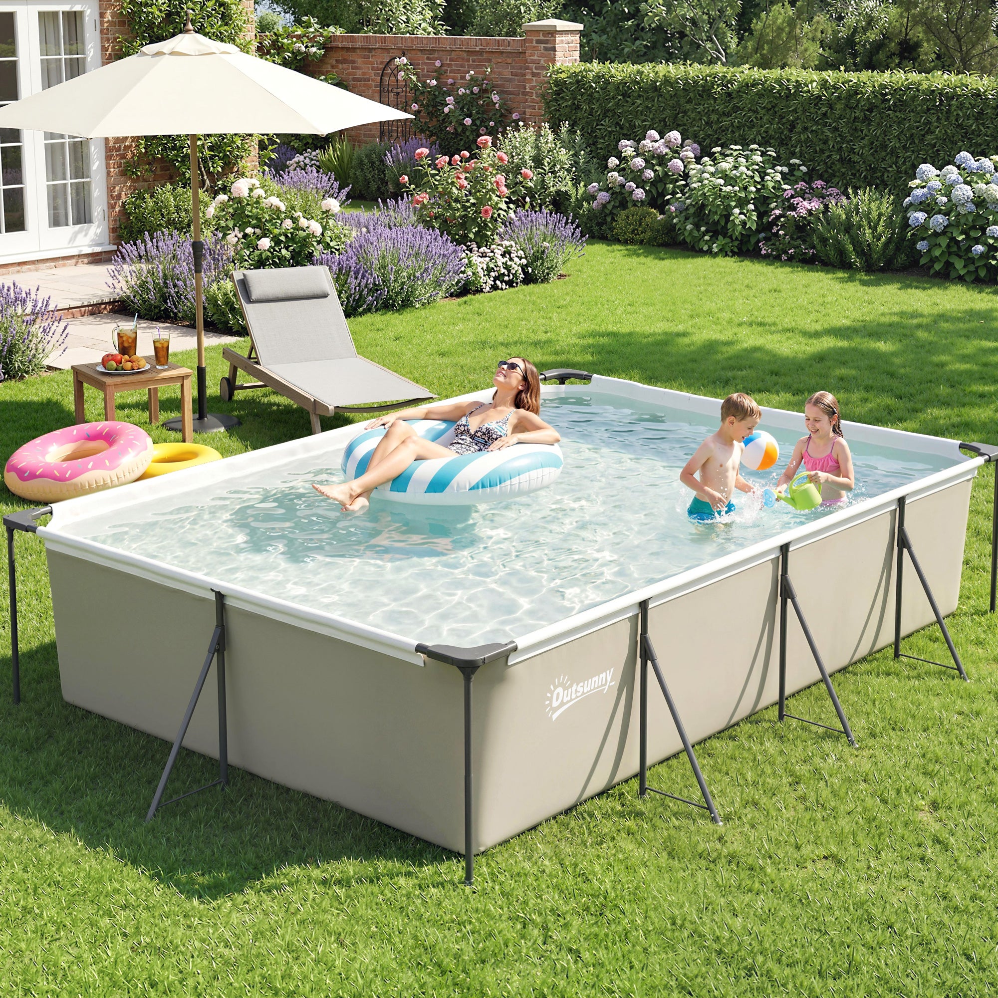 Outsunny Piscina Desmontable Tubular 394,5x208,3x80,5 cm 6075 L, Piscina Rectangular con Marco Metálico Estable, Parche Reparación, Bomba Filtro No Incluida para 4-6 Personas, Jardín, Exterior, Gris
