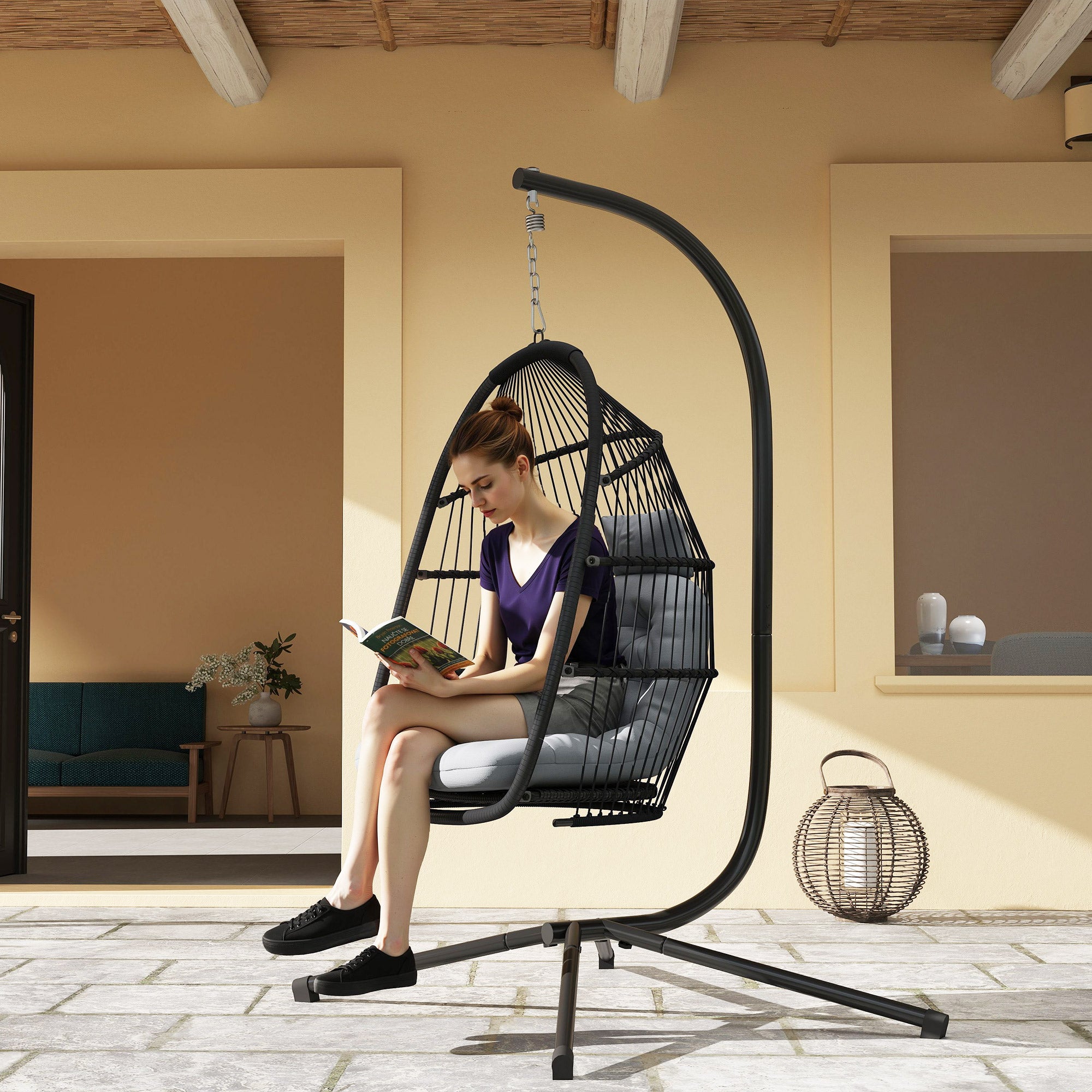Outsunny Silla Colgante Huevo con Soporte, Columpio Jardín Exterior con Cesta Plegable, Cojín Anti-UV y Reposacabezas Desmontable para Interior y Exterior, Carga 150 kg, Gris Oscuro