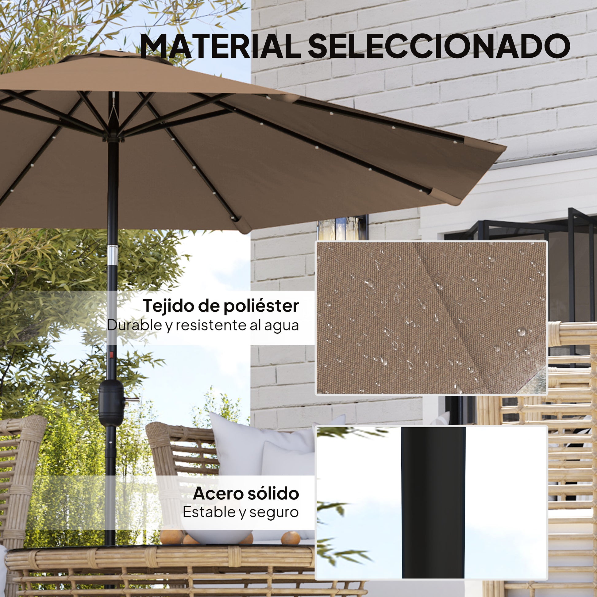 Outsunny Sombrilla Terraza Exterior, Ø265 cm, Sombrilla de Jardín con 32 Luces LED Solares, Poste de Acero y Manivela de Parasol Inclinable, para Patio, Terraza, Caqui