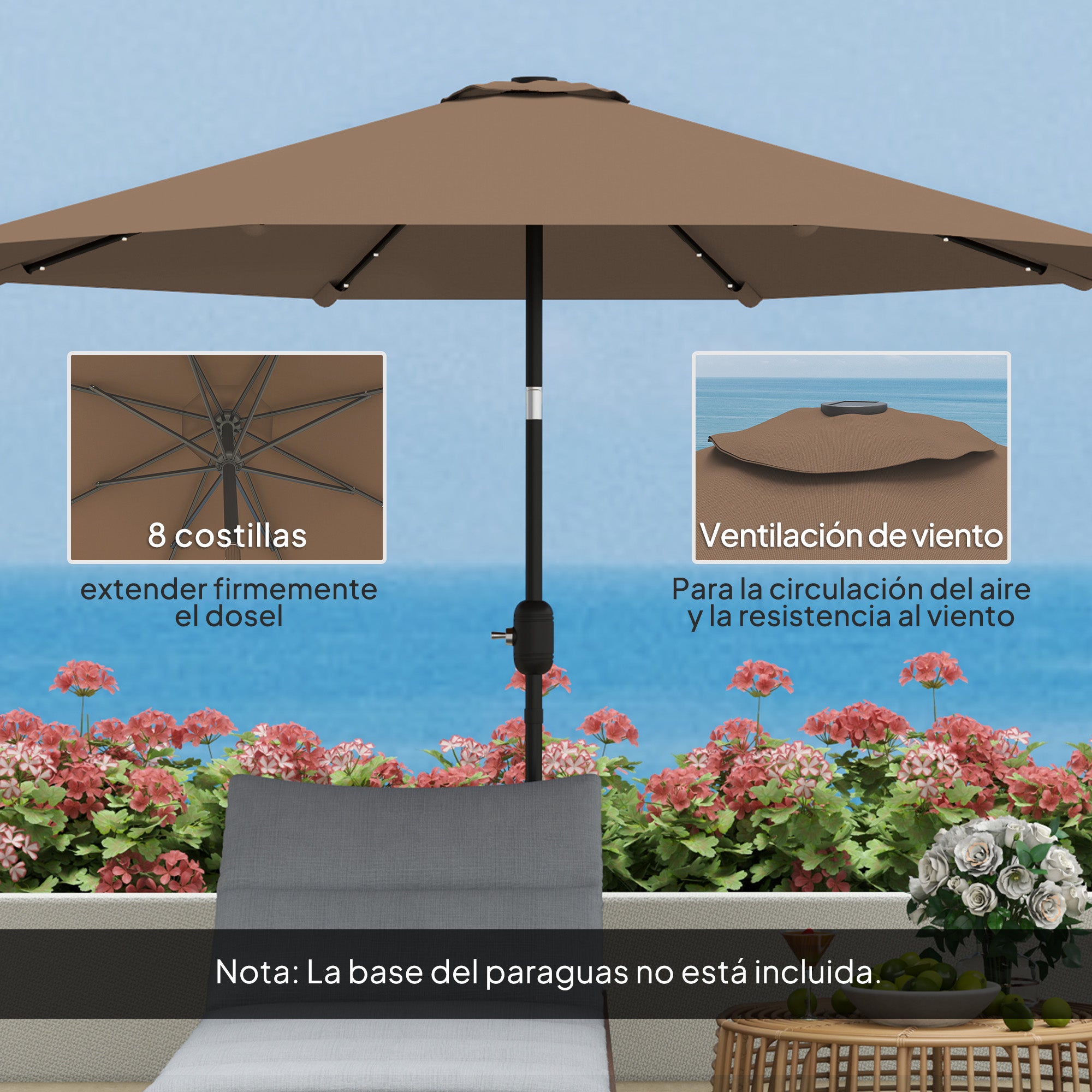 Outsunny Sombrilla Terraza Exterior, Ø265 cm, Sombrilla de Jardín con 32 Luces LED Solares, Poste de Acero y Manivela de Parasol Inclinable, para Patio, Terraza, Caqui