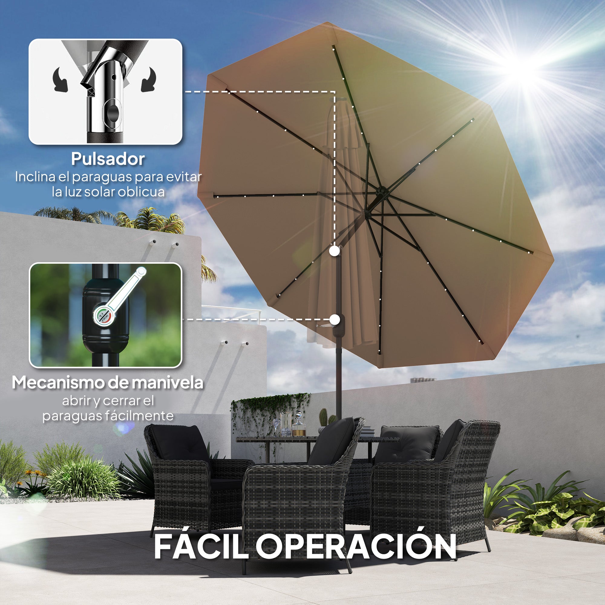 Outsunny Sombrilla Terraza Exterior, Ø265 cm, Sombrilla de Jardín con 32 Luces LED Solares, Poste de Acero y Manivela de Parasol Inclinable, para Patio, Terraza, Caqui