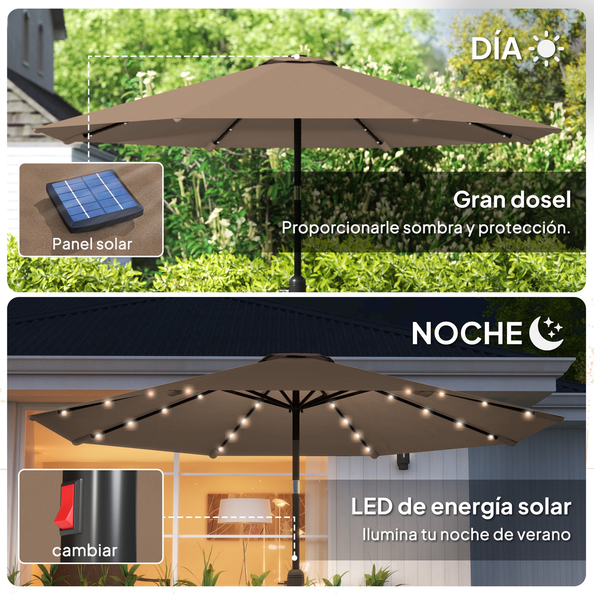 Outsunny Sombrilla Terraza Exterior, Ø265 cm, Sombrilla de Jardín con 32 Luces LED Solares, Poste de Acero y Manivela de Parasol Inclinable, para Patio, Terraza, Caqui