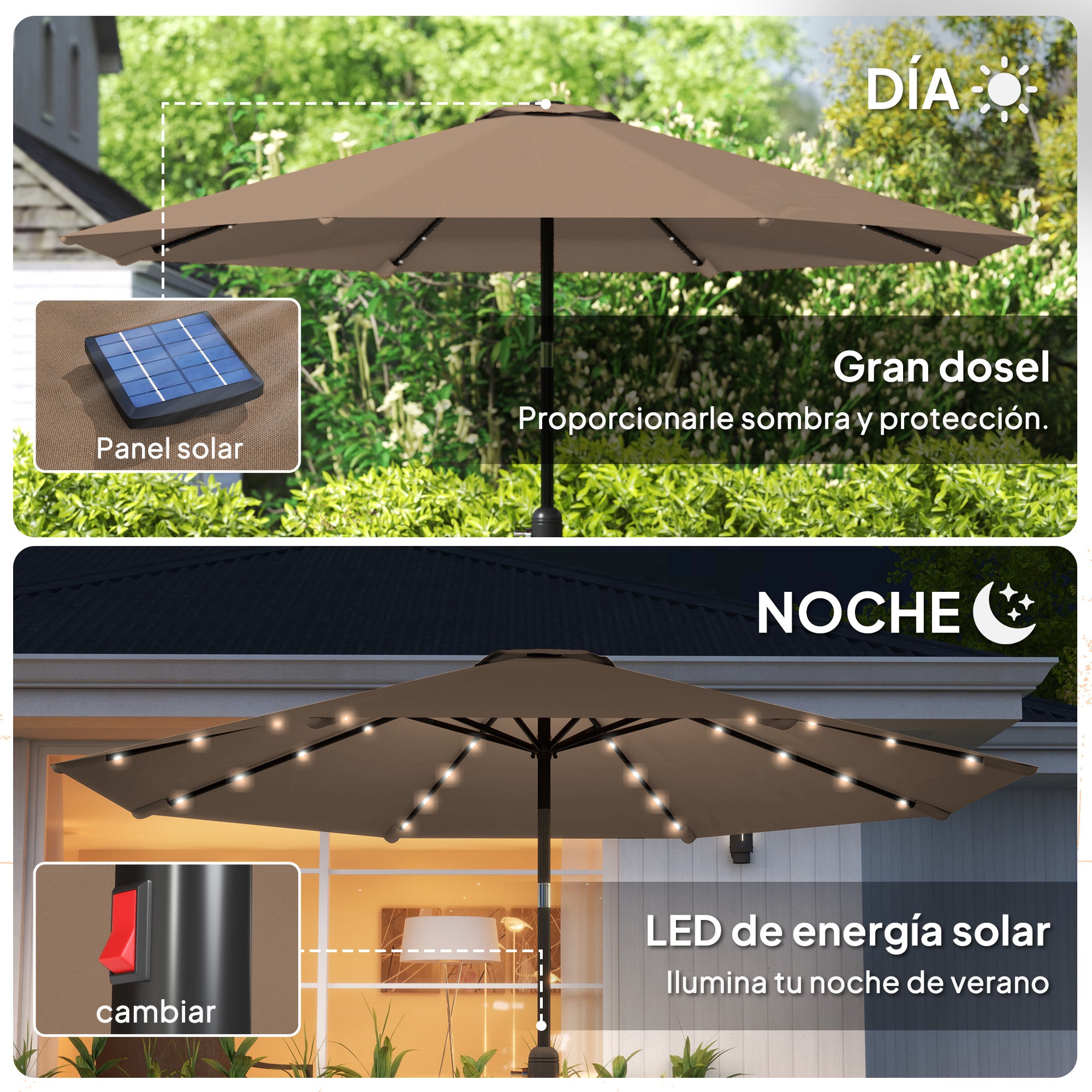 Outsunny Sombrilla Terraza Exterior, Ø265 cm, Sombrilla de Jardín con 32 Luces LED Solares, Poste de Acero y Manivela de Parasol Inclinable, para Patio, Terraza, Caqui
