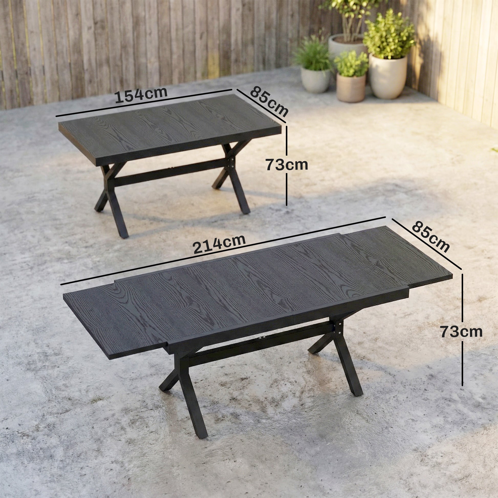 Outsunny Mesa de Jardín Extensible con Superficie de Aluminio, 154/214x85 cm, Mesa de Comedor Exterior Extensible Rectangular con Imitación Madera para 8-10 Personas, para Patio, Terraza, Gris Oscuro